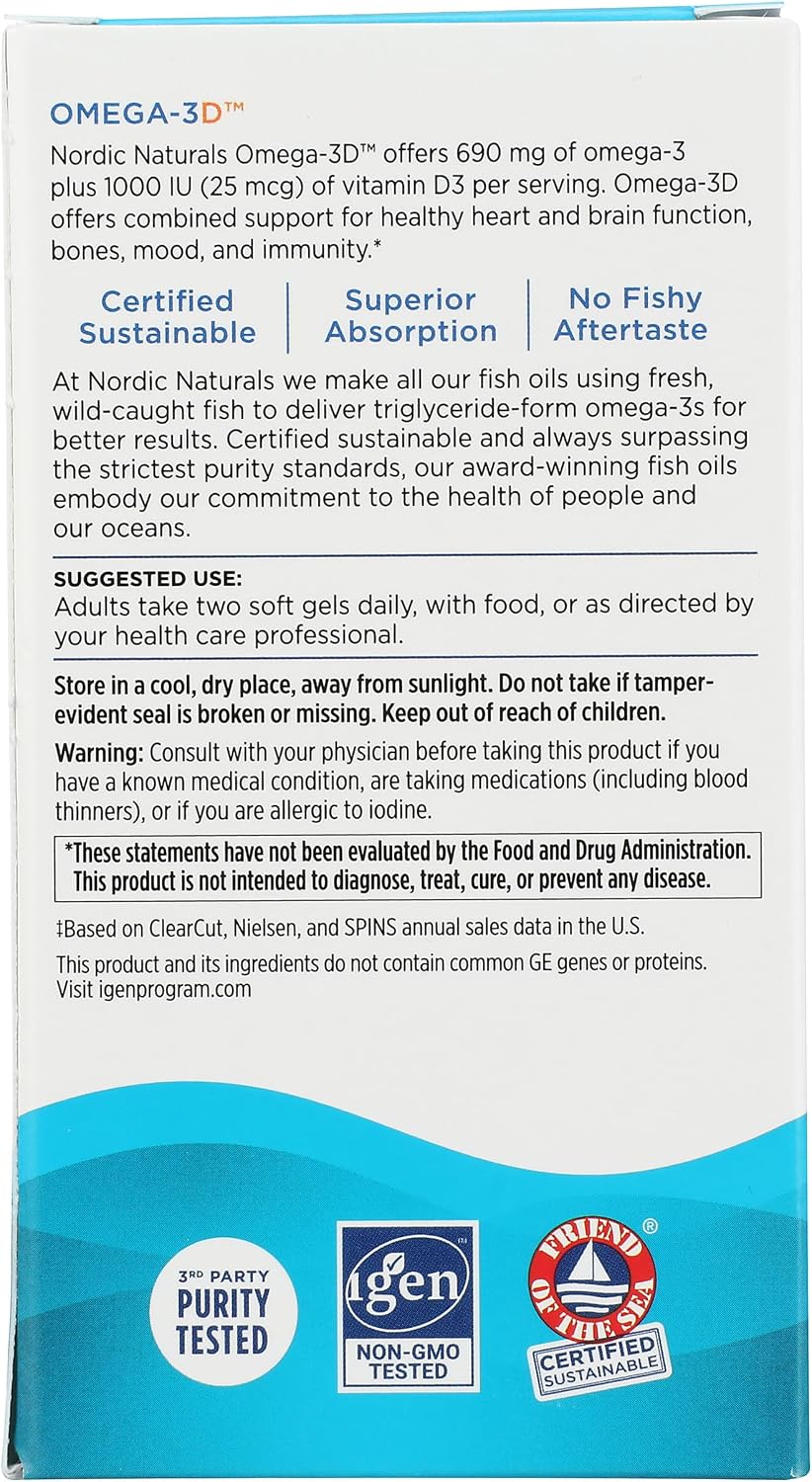 کپسول روغن ماهی امگا ۳، Nordic Naturals، مدل Omega-3D، 60 سافت‌ژل، طعم لیمو