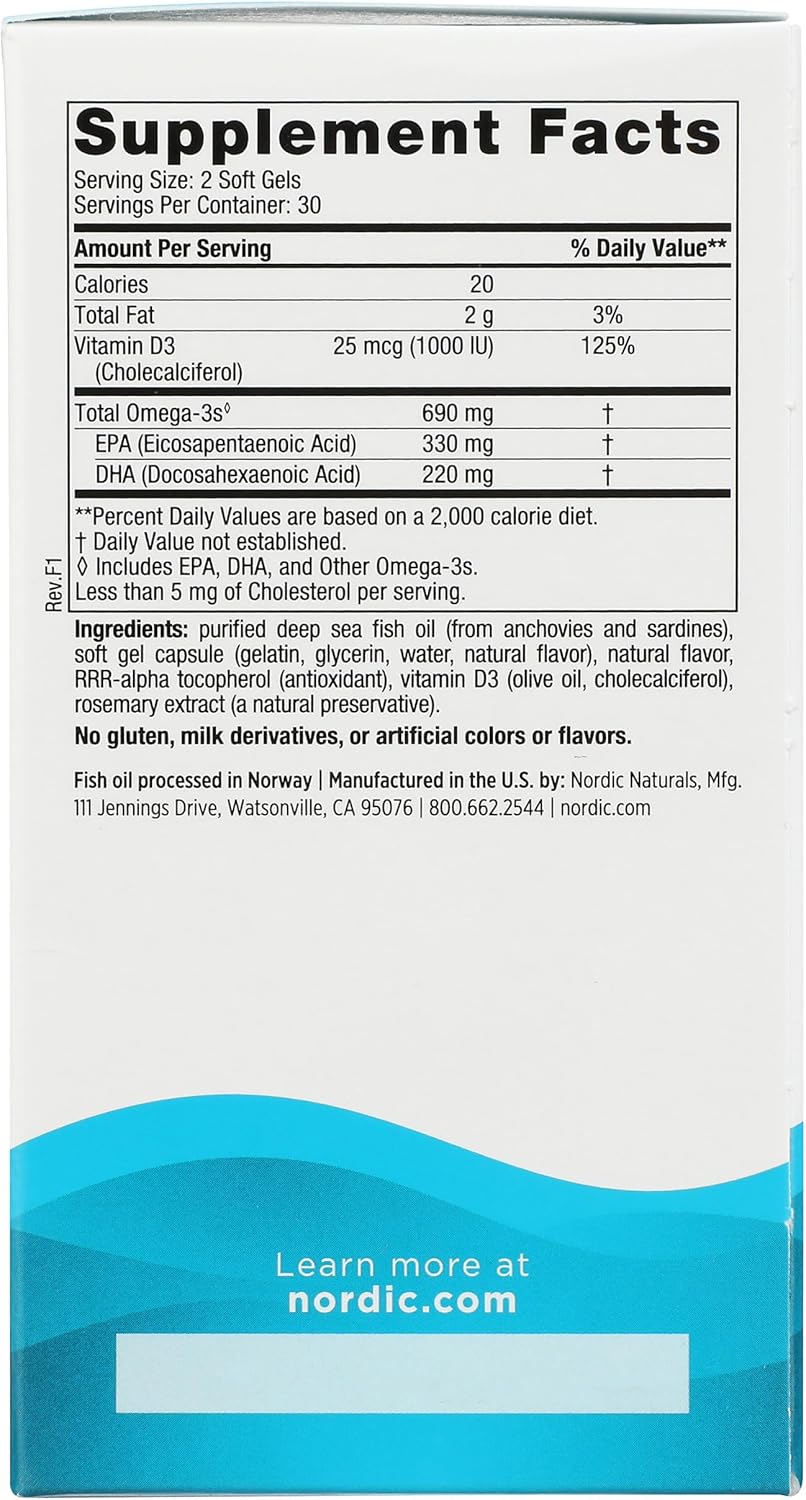 کپسول روغن ماهی امگا ۳، Nordic Naturals، مدل Omega-3D، 60 سافت‌ژل، طعم لیمو