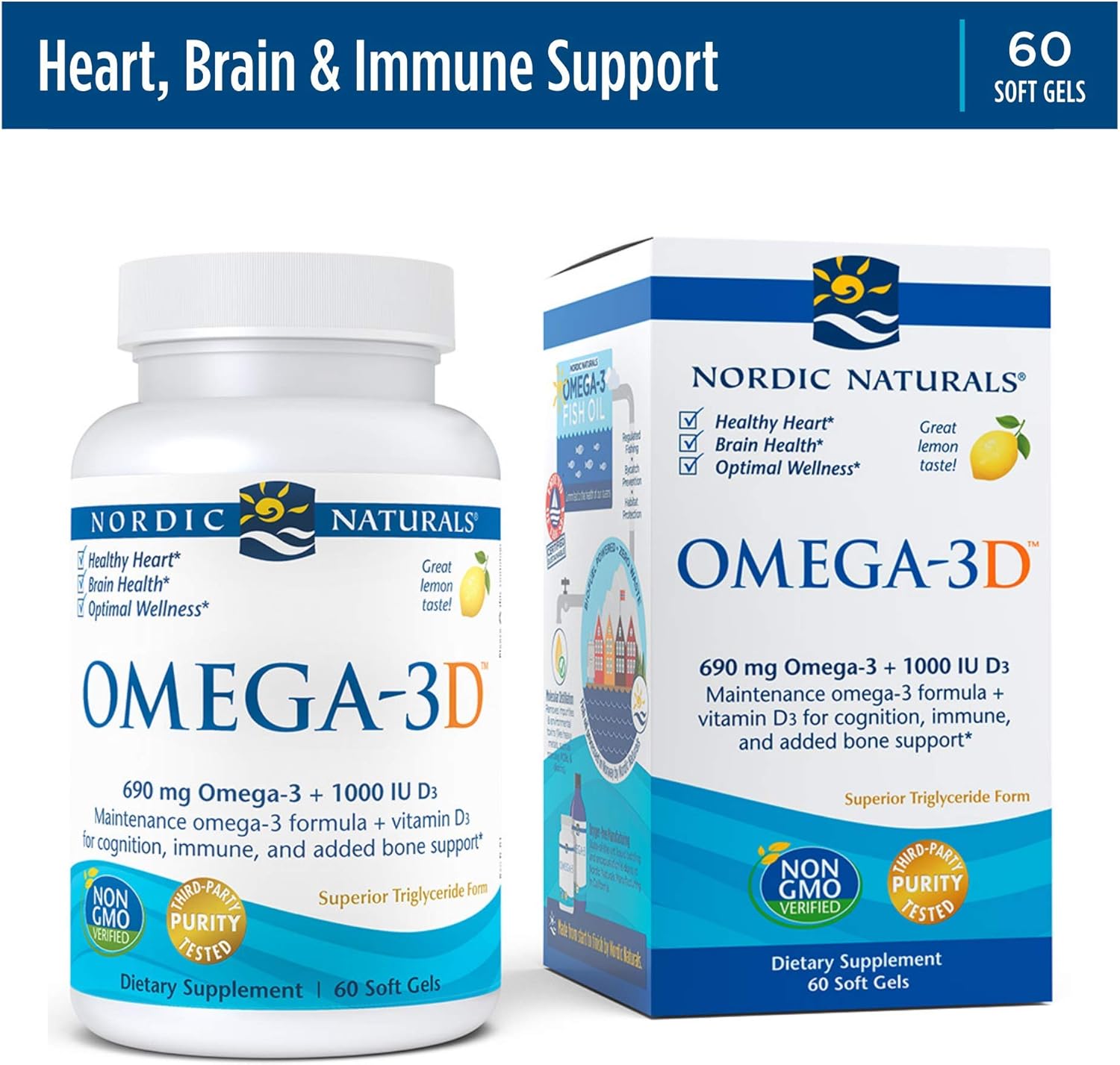 کپسول روغن ماهی امگا ۳، Nordic Naturals، مدل Omega-3D، 60 سافت‌ژل، طعم لیمو