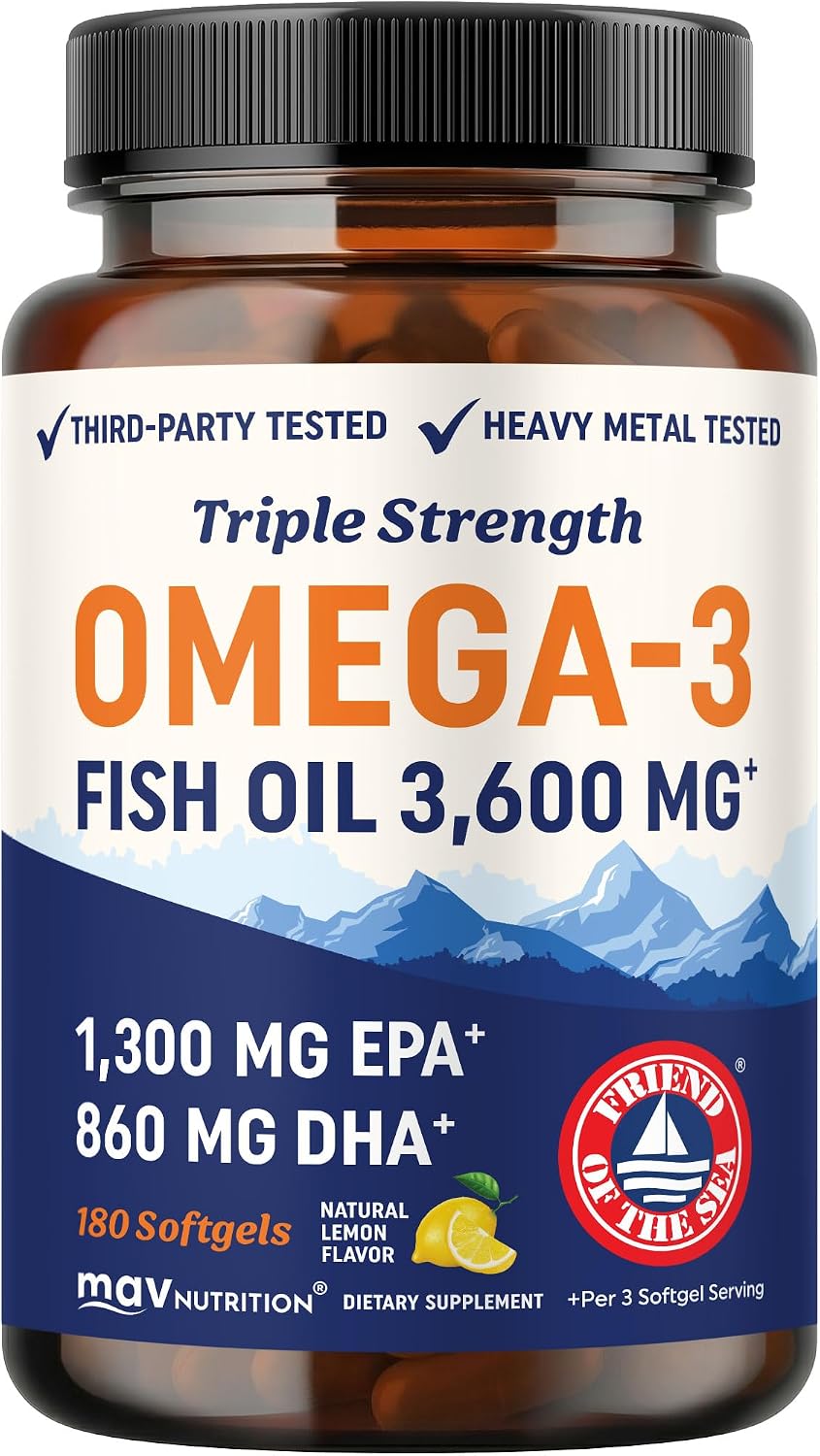 کپسول روغن ماهی امگا ۳، MAV NUTRITION، 3600 میلی‌گرم، EPA 1300 میلی‌گرم و DHA 860 میلی‌گرم