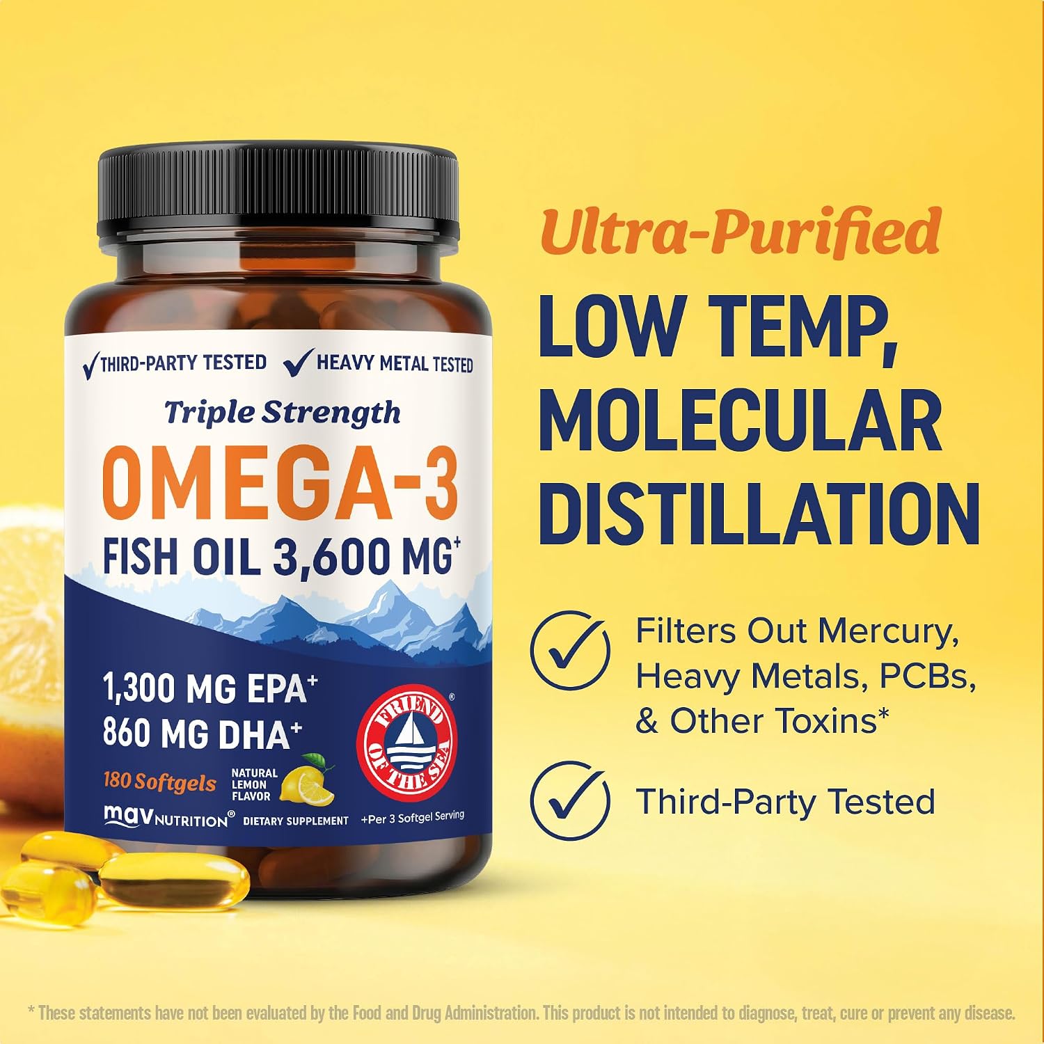 کپسول روغن ماهی امگا ۳، MAV NUTRITION، 3600 میلی‌گرم، EPA 1300 میلی‌گرم و DHA 860 میلی‌گرم