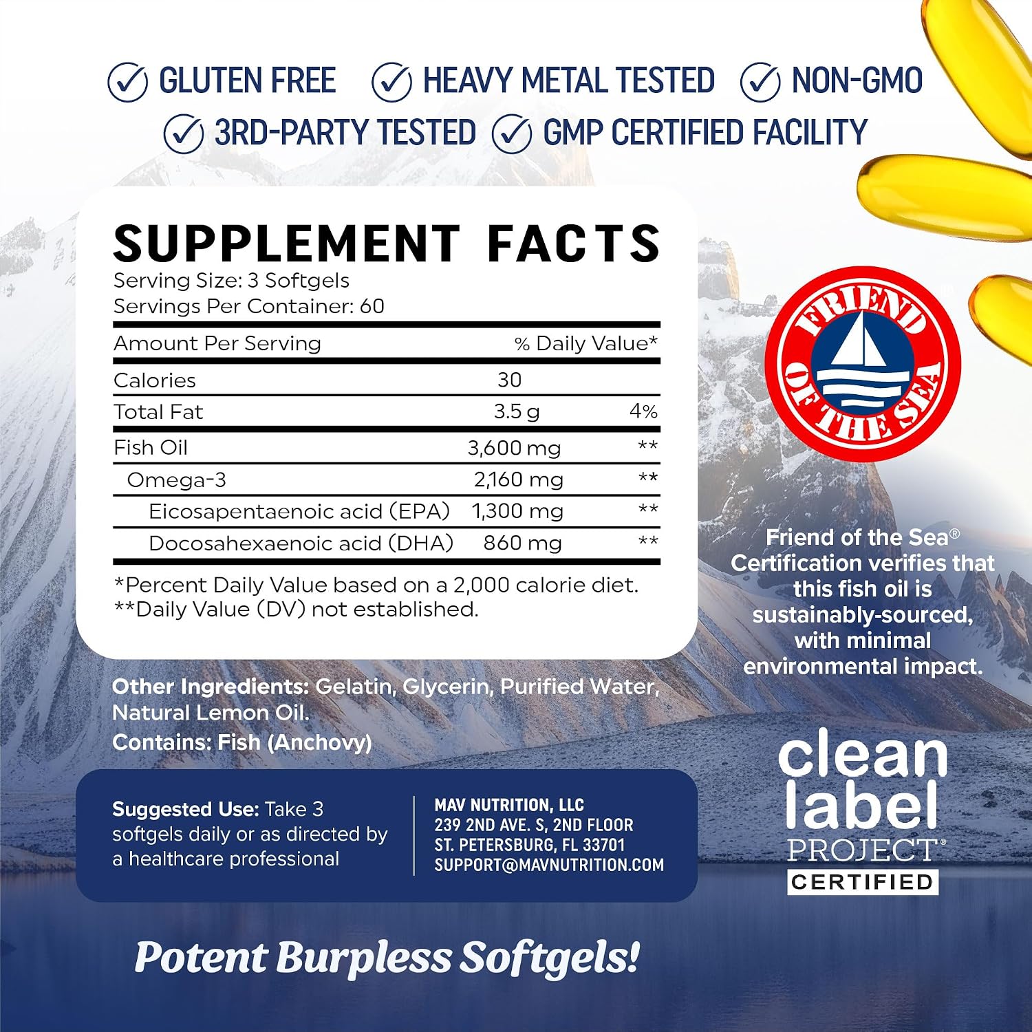 کپسول روغن ماهی امگا ۳، MAV NUTRITION، 3600 میلی‌گرم، EPA 1300 میلی‌گرم و DHA 860 میلی‌گرم