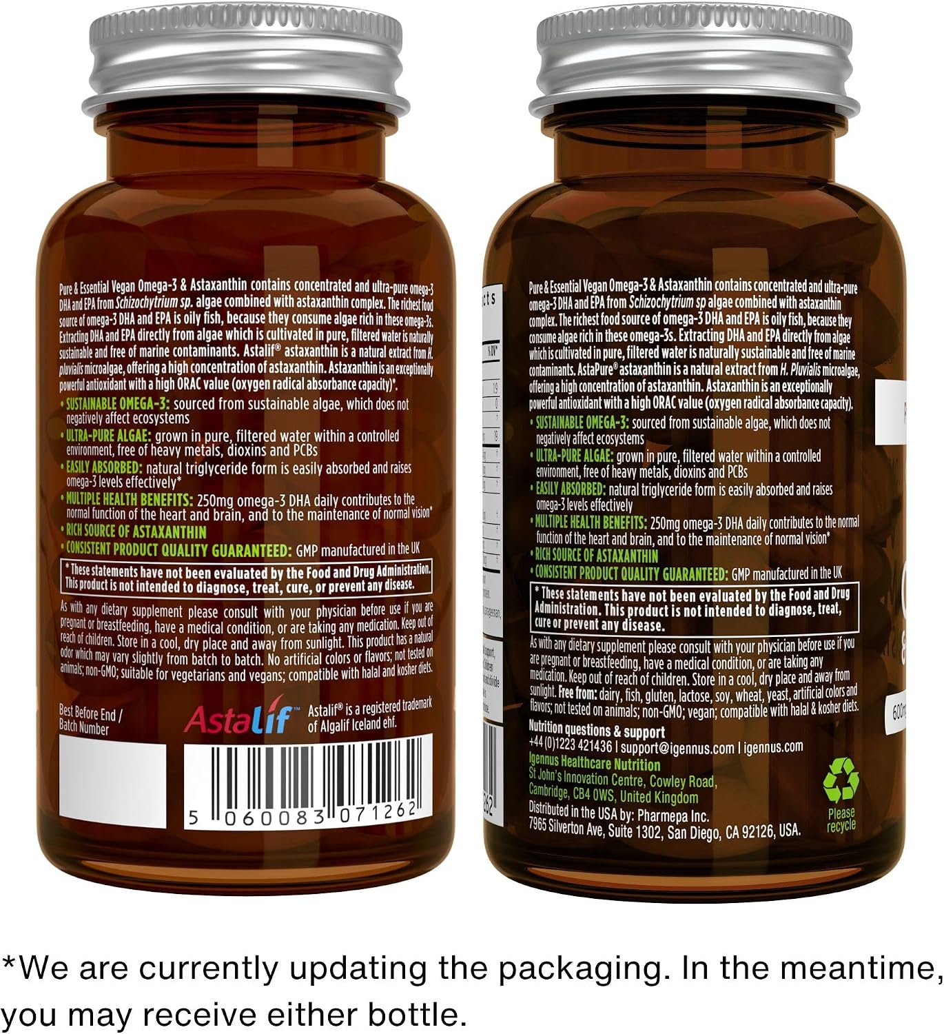 مکمل وگان امگا ۳ روغن جلبک، Igennus، EPA 200 میلی‌گرم و DHA 600 میلی‌گرم، 30 سروینگ