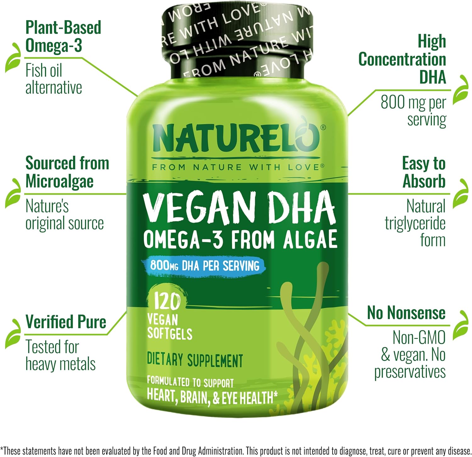 مکمل امگا ۳ و DHA دوران بارداری، NATURELO، مدل Vegan DHA، 120 سافت‌ژل