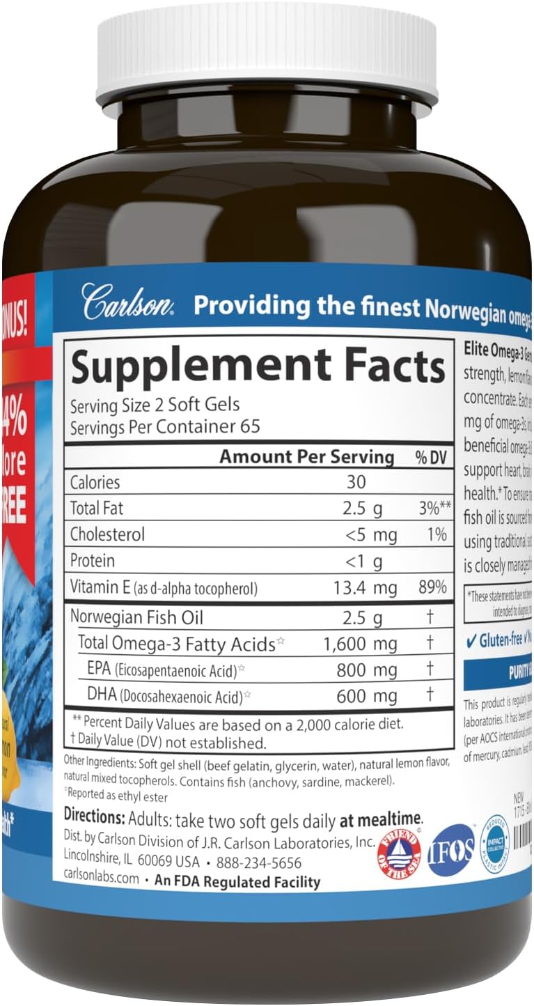 کپسول روغن ماهی امگا ۳، Carlson، مدل Elite Omega-3 Gems، 130 سافت‌ژل، طعم لیمو