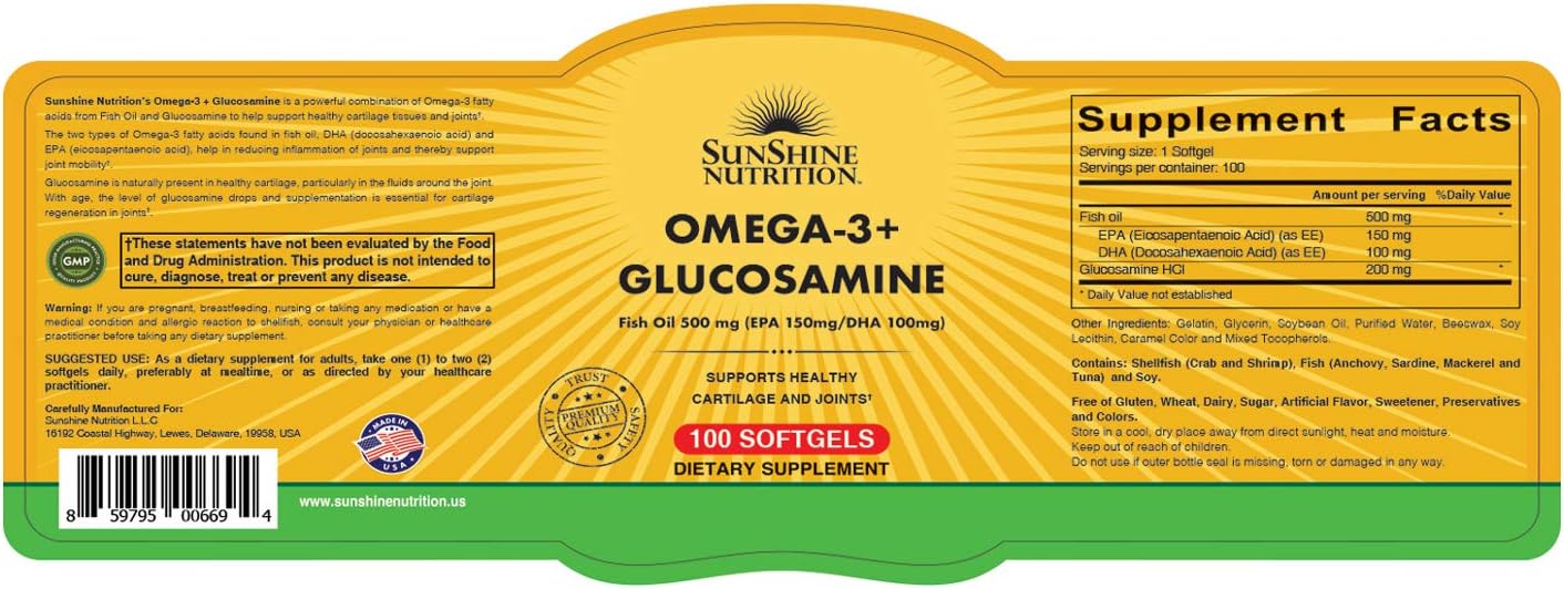 مکمل امگا ۳ و گلوکزامین، Sunshine Nutrition، 500 میلی‌گرم، EPA 150 میلی‌گرم و DHA 100 میلی‌گرم، 100 سافت‌ژل