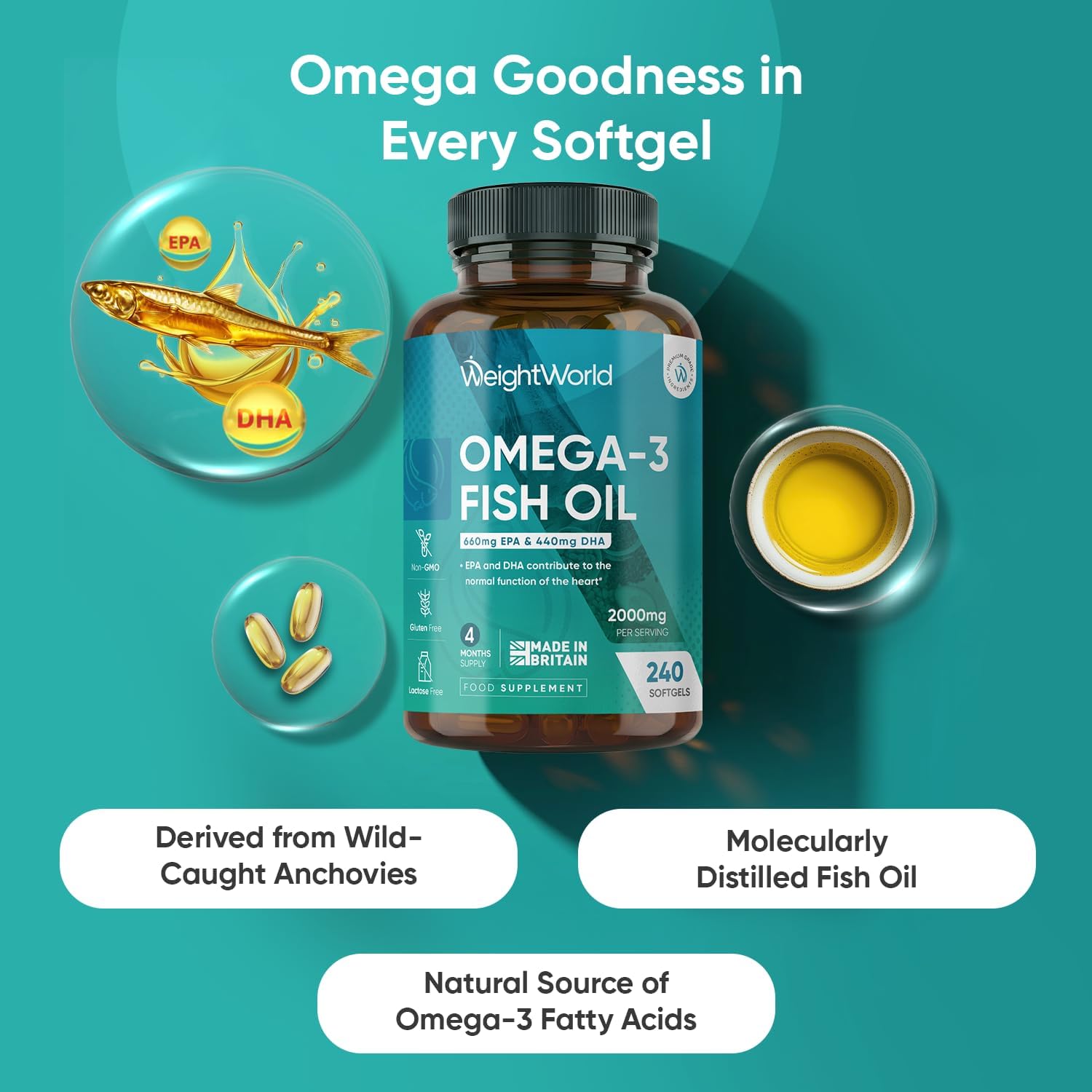 کپسول روغن ماهی امگا ۳، WeightWorld، 2000 میلی‌گرم، EPA 660 میلی‌گرم و DHA 440 میلی‌گرم، 240 سافت‌ژل