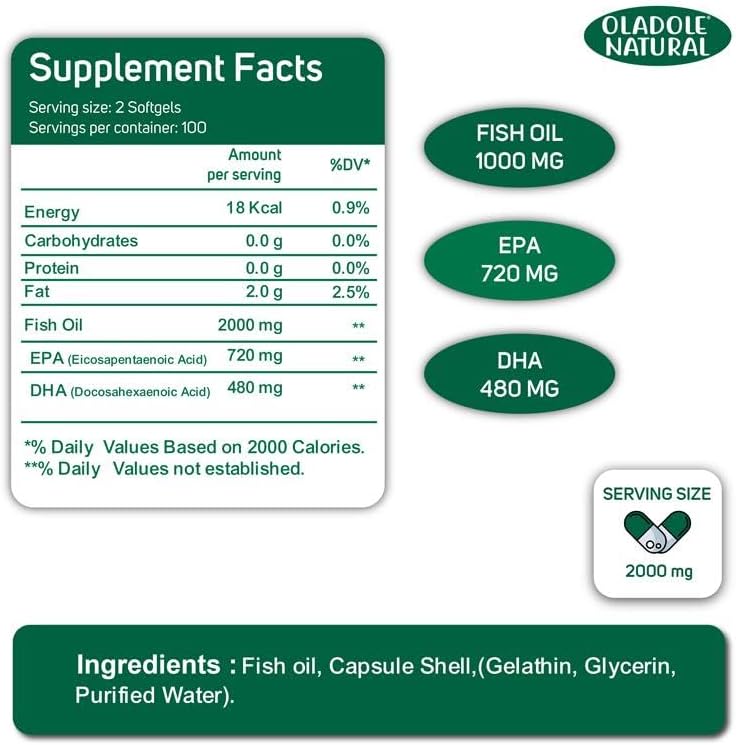کپسول روغن ماهی امگا ۳، Oladole Natural، 2000 میلی‌گرم، EPA 720 میلی‌گرم و DHA 480 میلی‌گرم، 200 سافت‌ژل