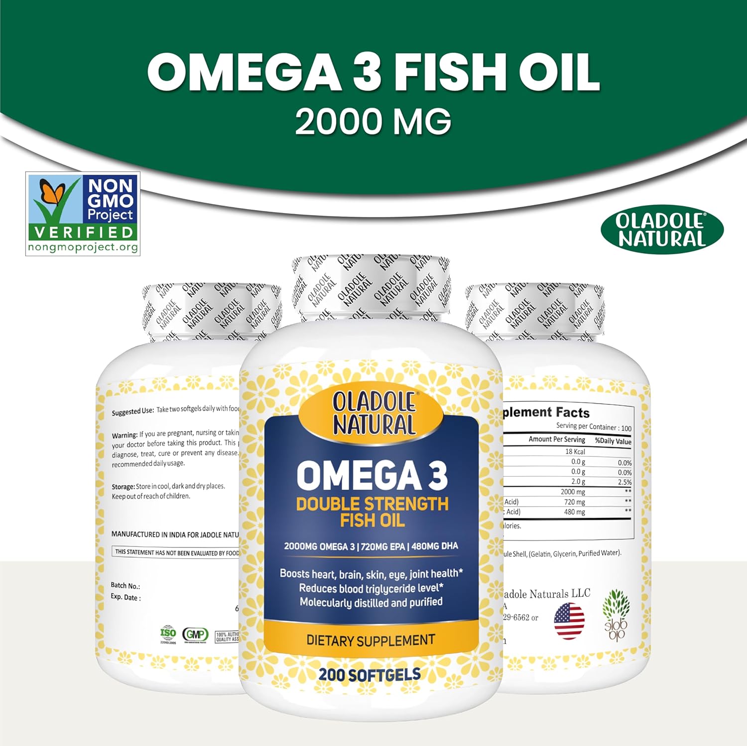 کپسول روغن ماهی امگا ۳، Oladole Natural، 2000 میلی‌گرم، EPA 720 میلی‌گرم و DHA 480 میلی‌گرم، 200 سافت‌ژل