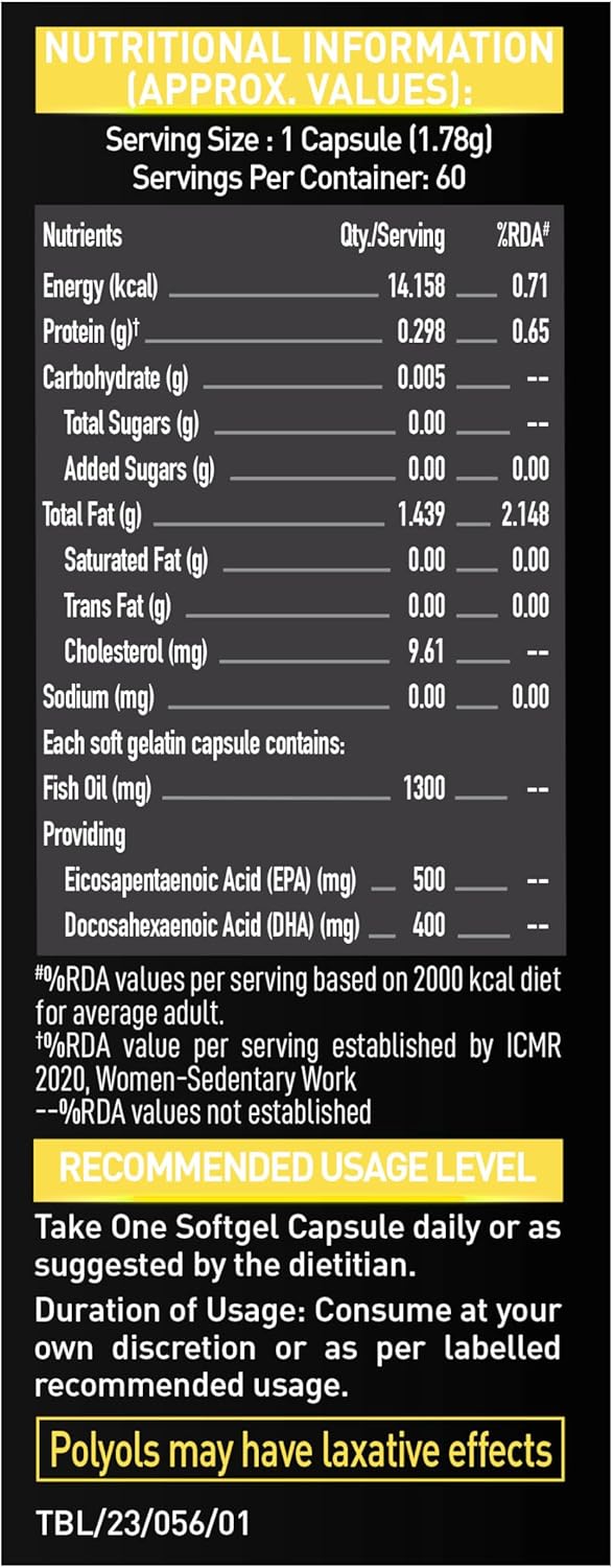 کپسول روغن ماهی امگا ۳، MuscleBlaze، EPA 560 میلی‌گرم و DHA 400 میلی‌گرم
