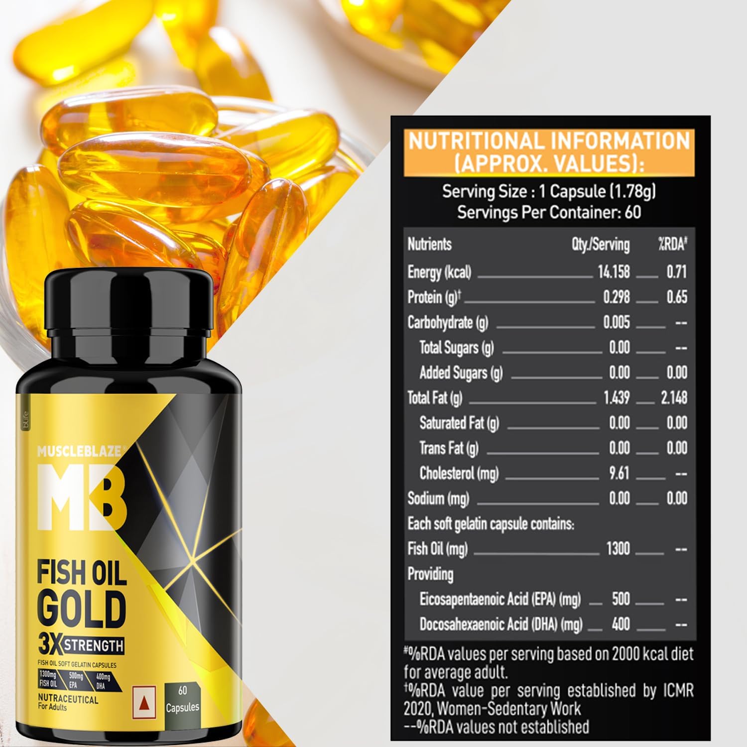 کپسول روغن ماهی امگا ۳، MuscleBlaze، EPA 560 میلی‌گرم و DHA 400 میلی‌گرم
