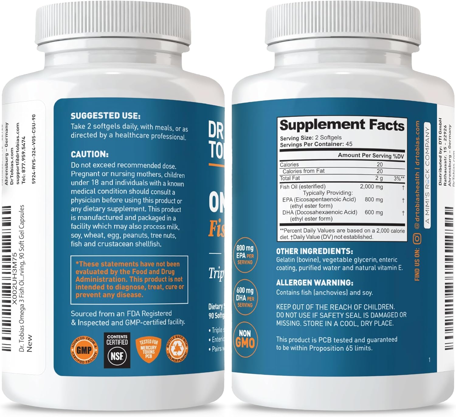 کپسول روغن ماهی امگا ۳، Dr. Tobias، EPA 600 میلی‌گرم و DHA 600 میلی‌گرم، 90 سافت‌ژل