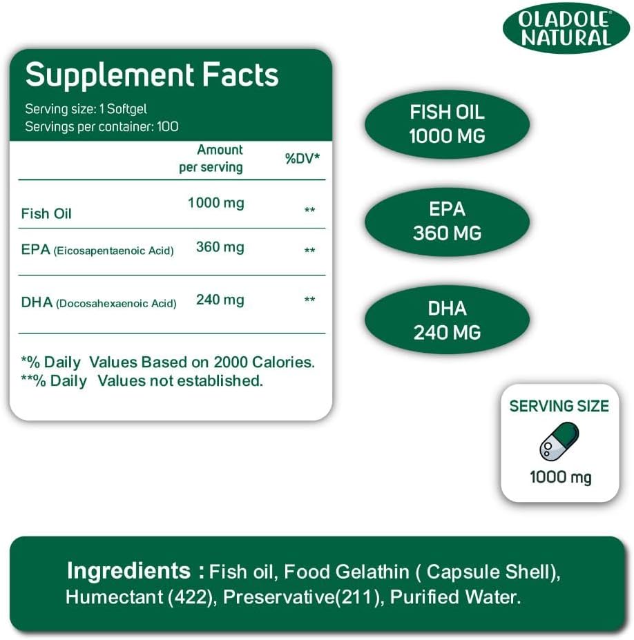 کپسول روغن ماهی امگا ۳، Oladole Natural، 1000 میلی‌گرم، EPA 360 میلی‌گرم و DHA 240 میلی‌گرم، 100 سافت‌ژل