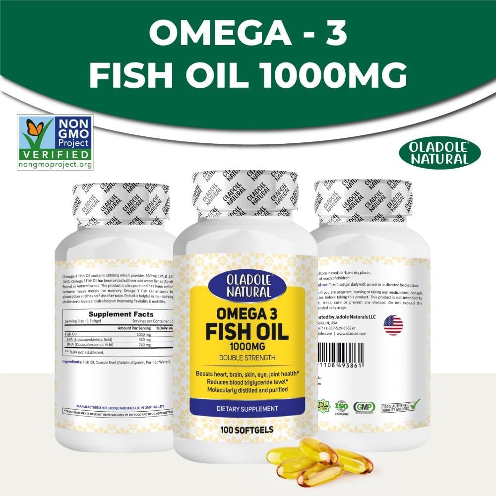 کپسول روغن ماهی امگا ۳، Oladole Natural، 1000 میلی‌گرم، EPA 360 میلی‌گرم و DHA 240 میلی‌گرم، 100 سافت‌ژل