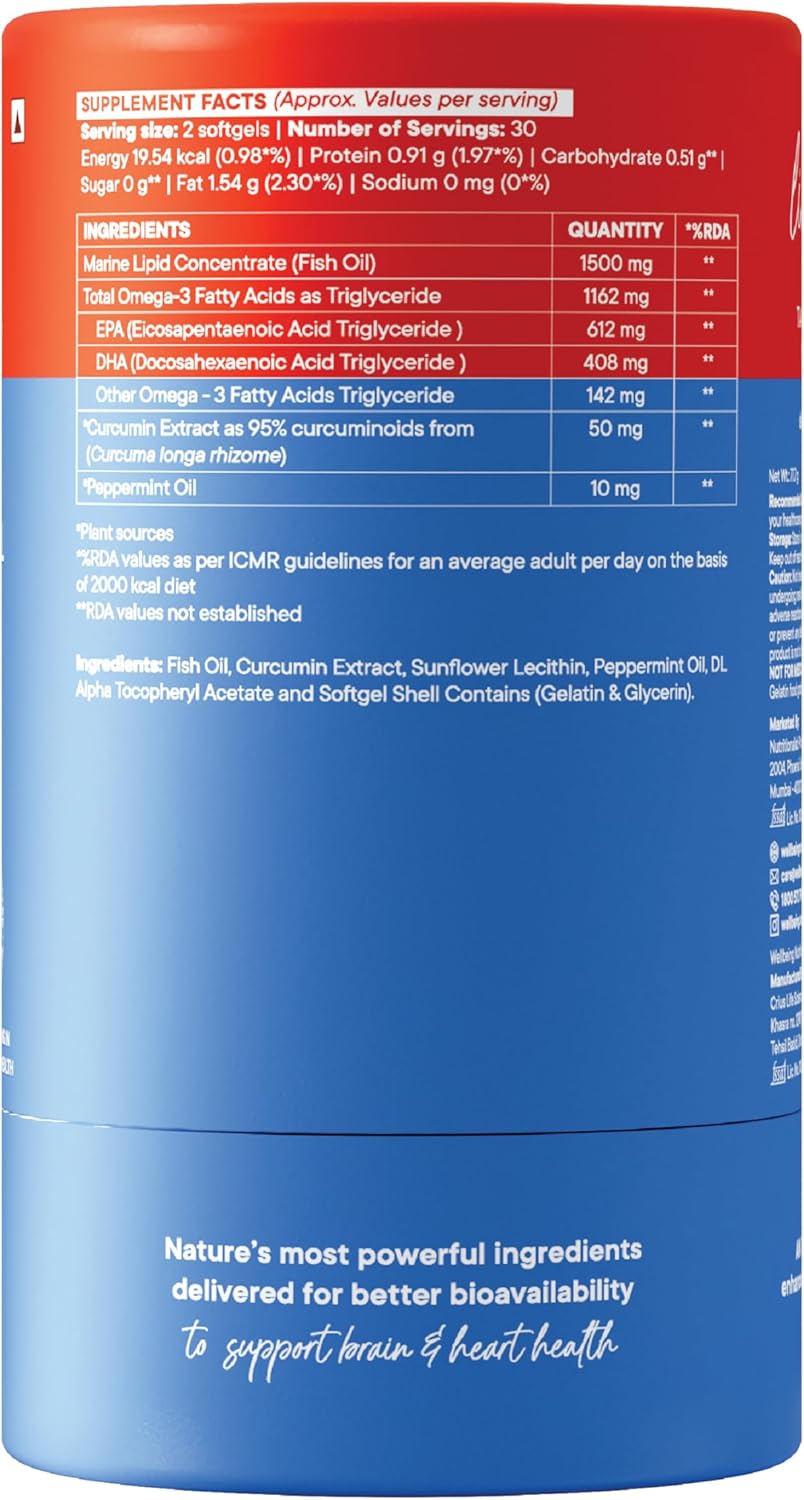 کپسول روغن ماهی امگا ۳، Wellbeing Nutrition، 1240 میلی‌گرم، 60 کپسول