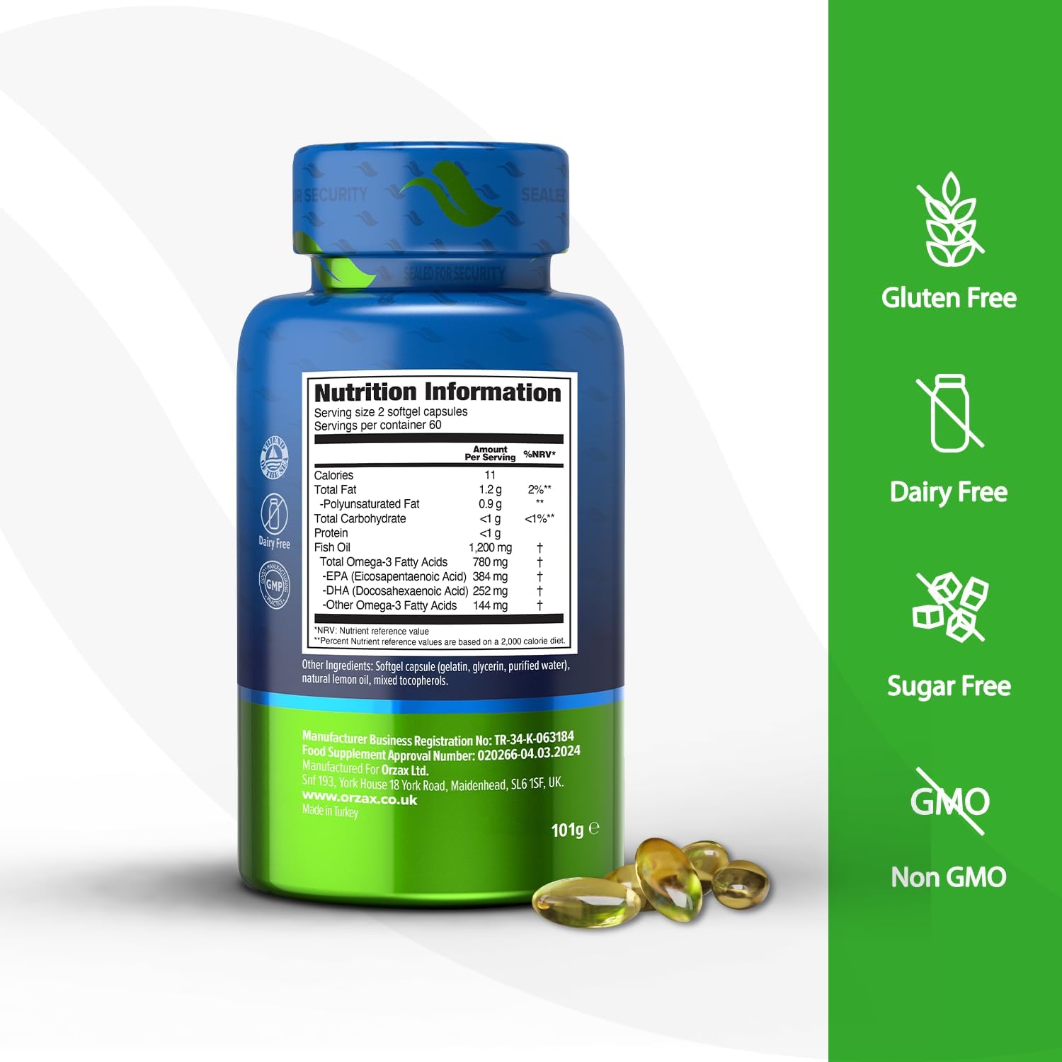 کپسول روغن ماهی امگا ۳، ORZAX، 1200 میلی‌گرم، 120 سافت‌ژل، طعم لیمو
