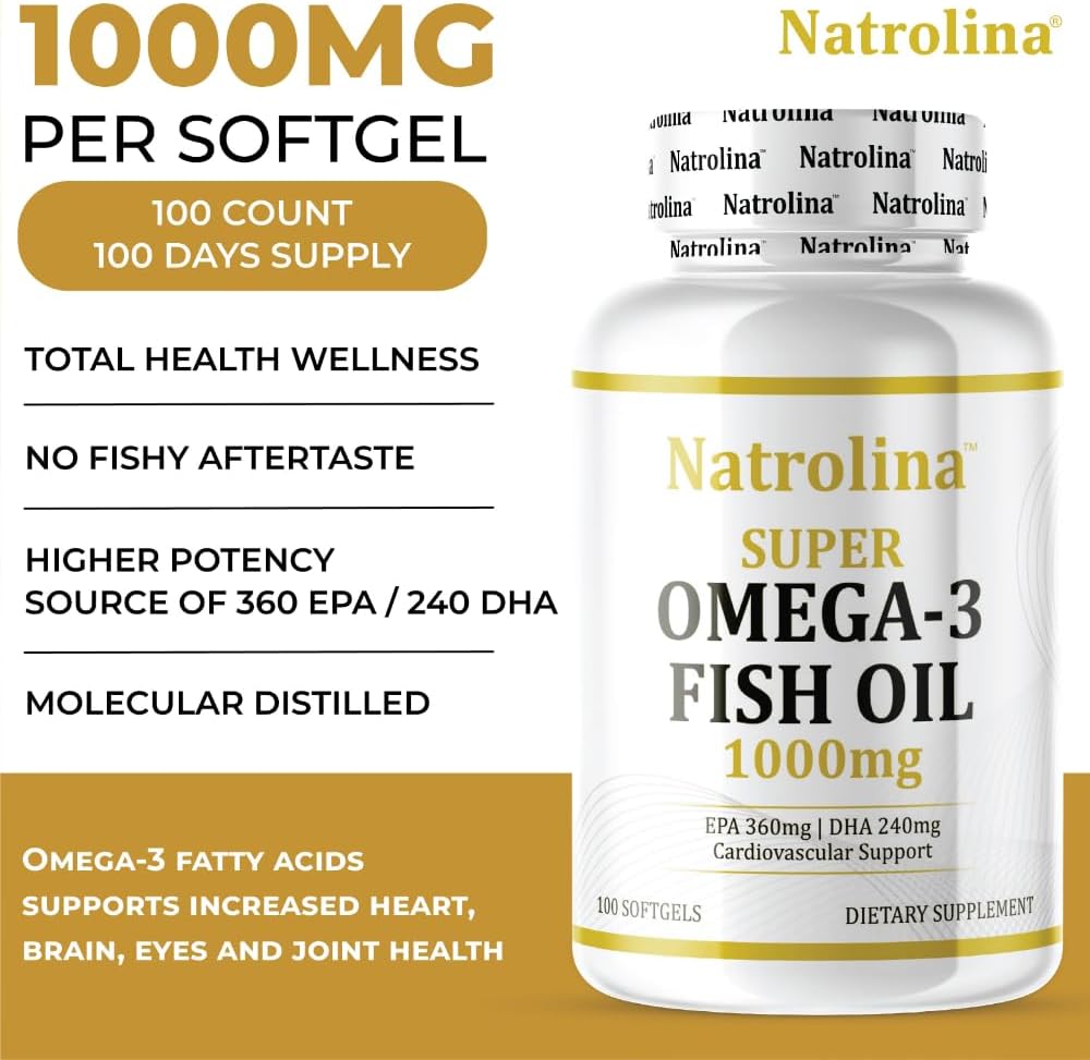 کپسول روغن ماهی امگا ۳، Natrolina، 1000 میلی‌گرم، EPA 360 میلی‌گرم و DHA 240 میلی‌گرم، 100 سافت‌ژل
