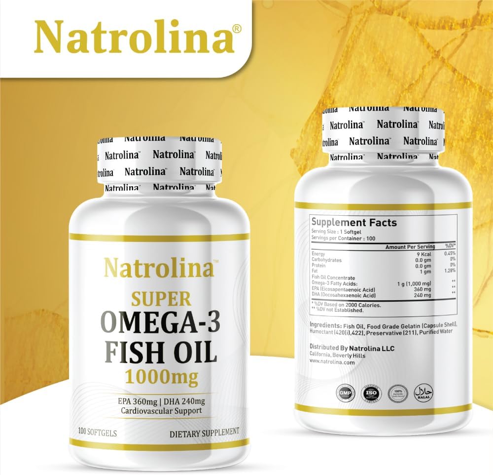 کپسول روغن ماهی امگا ۳، Natrolina، 1000 میلی‌گرم، EPA 360 میلی‌گرم و DHA 240 میلی‌گرم، 100 سافت‌ژل