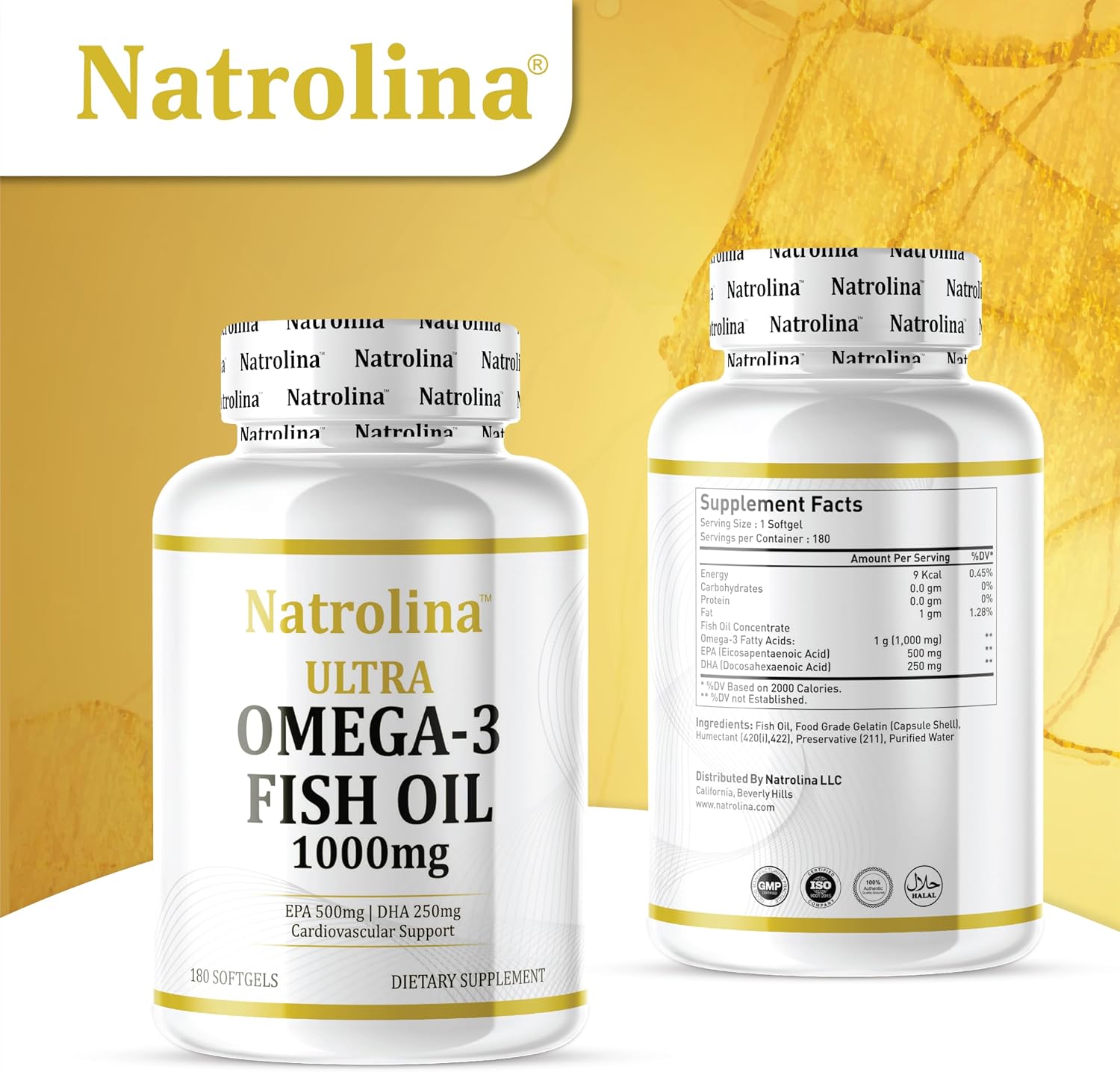 کپسول روغن ماهی امگا ۳، Natrolina، مدل Ultra Omega 3، 1000 میلی‌گرم، EPA 500 میلی‌گرم و DHA 250 میلی‌گرم، 180 سافت‌ژل