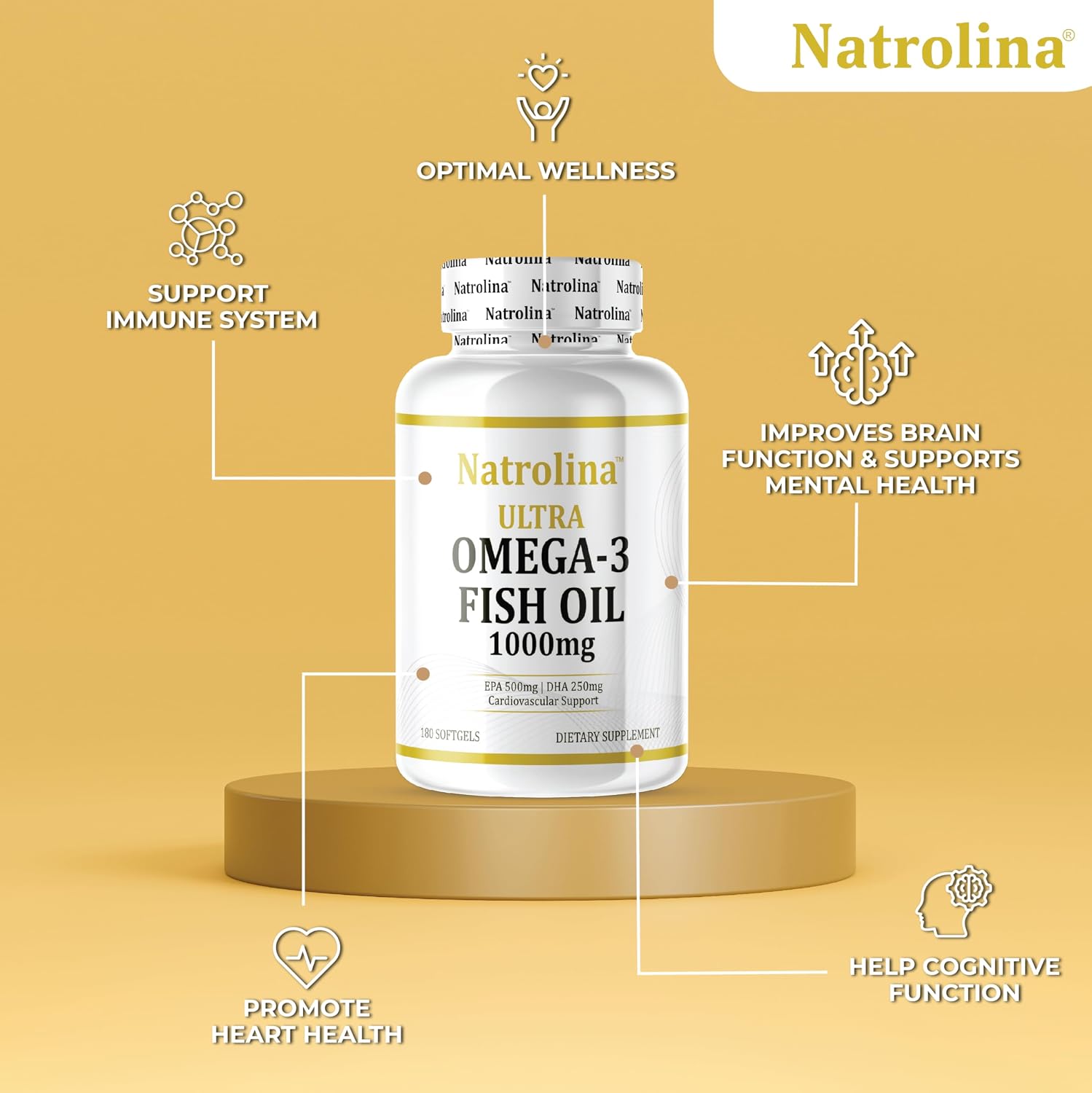کپسول روغن ماهی امگا ۳، Natrolina، مدل Ultra Omega 3، 1000 میلی‌گرم، EPA 500 میلی‌گرم و DHA 250 میلی‌گرم، 180 سافت‌ژل