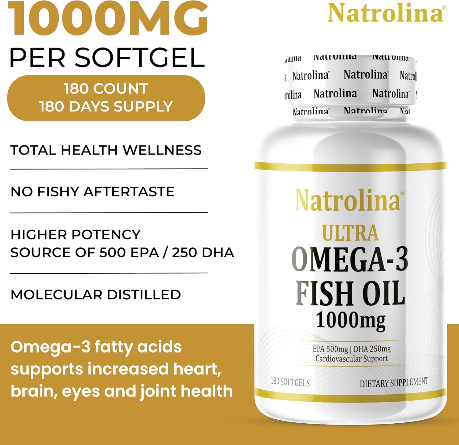 کپسول روغن ماهی امگا ۳، Natrolina، مدل Ultra Omega 3، 1000 میلی‌گرم، EPA 500 میلی‌گرم و DHA 250 میلی‌گرم، 180 سافت‌ژل