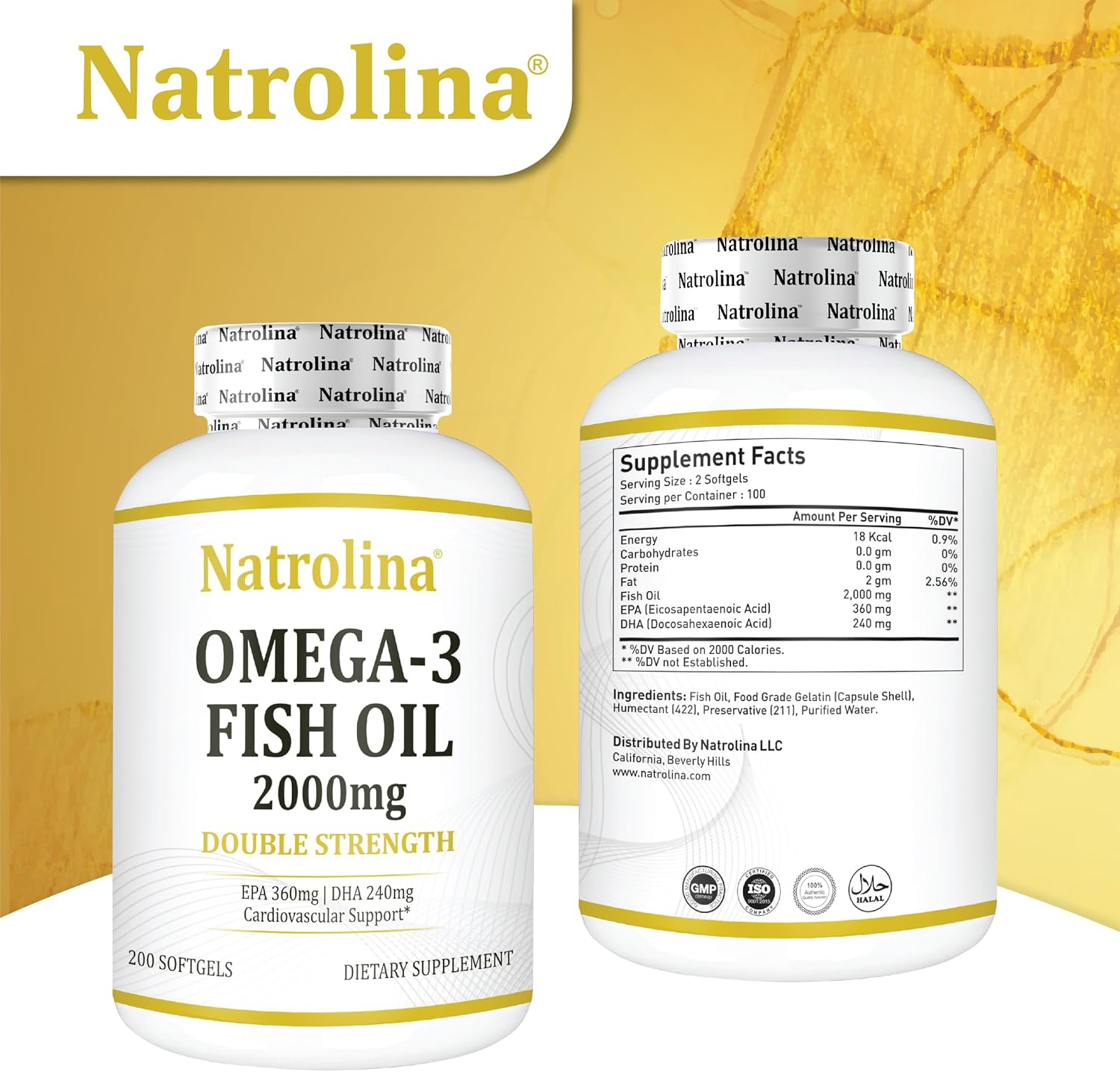کپسول روغن ماهی امگا ۳، Natrolina، 2000 میلی‌گرم، EPA 360 میلی‌گرم و DHA 240 میلی‌گرم، 200 سافت‌ژل