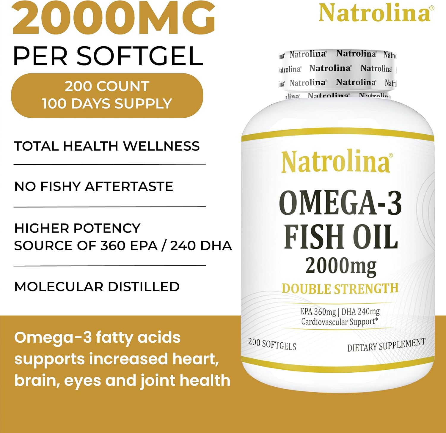 کپسول روغن ماهی امگا ۳، Natrolina، 2000 میلی‌گرم، EPA 360 میلی‌گرم و DHA 240 میلی‌گرم، 200 سافت‌ژل