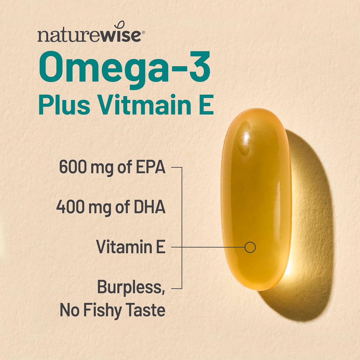 کپسول روغن ماهی امگا ۳، NatureWise، EPA 600 میلی‌گرم و DHA 400 میلی‌گرم، 180 سافت‌ژل، طعم لیمو