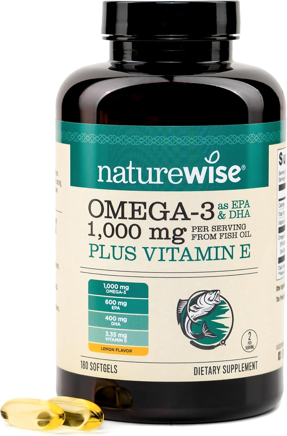 کپسول روغن ماهی امگا ۳، NatureWise، EPA 600 میلی‌گرم و DHA 400 میلی‌گرم، 180 سافت‌ژل، طعم لیمو