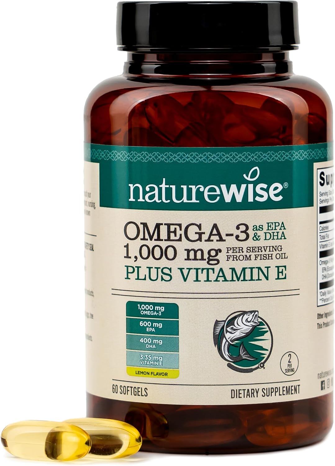 کپسول روغن ماهی امگا ۳، NatureWise، EPA 600 میلی‌گرم و DHA 400 میلی‌گرم، 60 سافت‌ژل، طعم لیمو