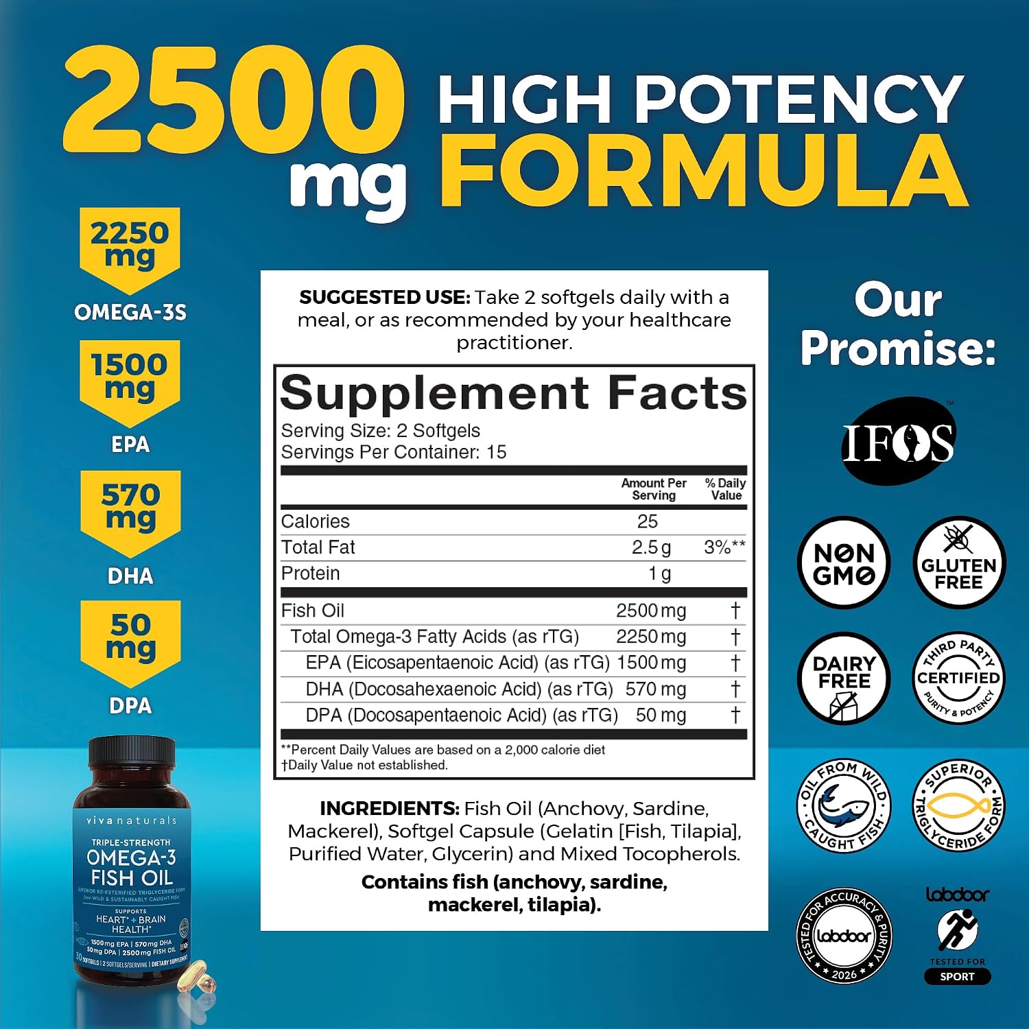 کپسول روغن ماهی امگا ۳، Viva Naturals، 2500 میلی‌گرم