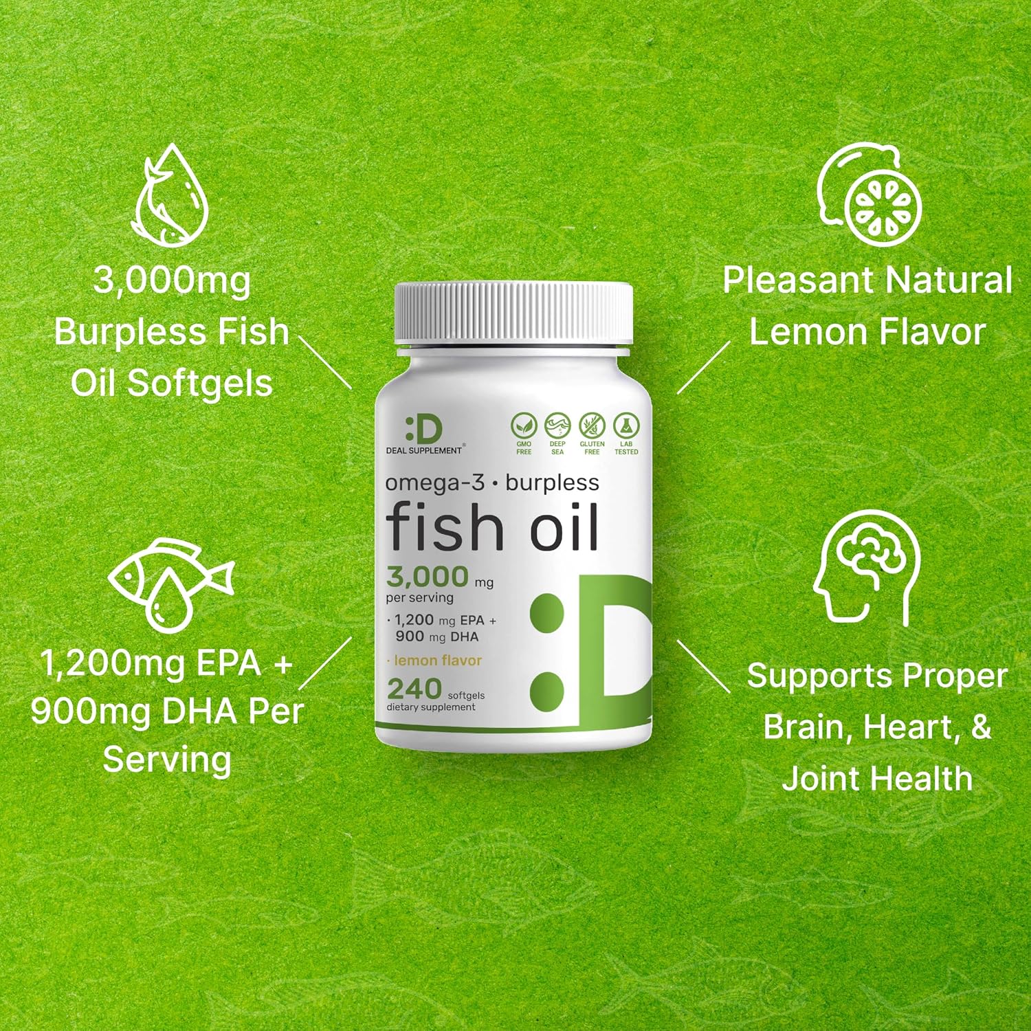 کپسول روغن ماهی امگا ۳، DEAL SUPPLEMENT، EPA 1200 میلی‌گرم و DHA 900 میلی‌گرم، 240 سافت‌ژل، طعم لیمو