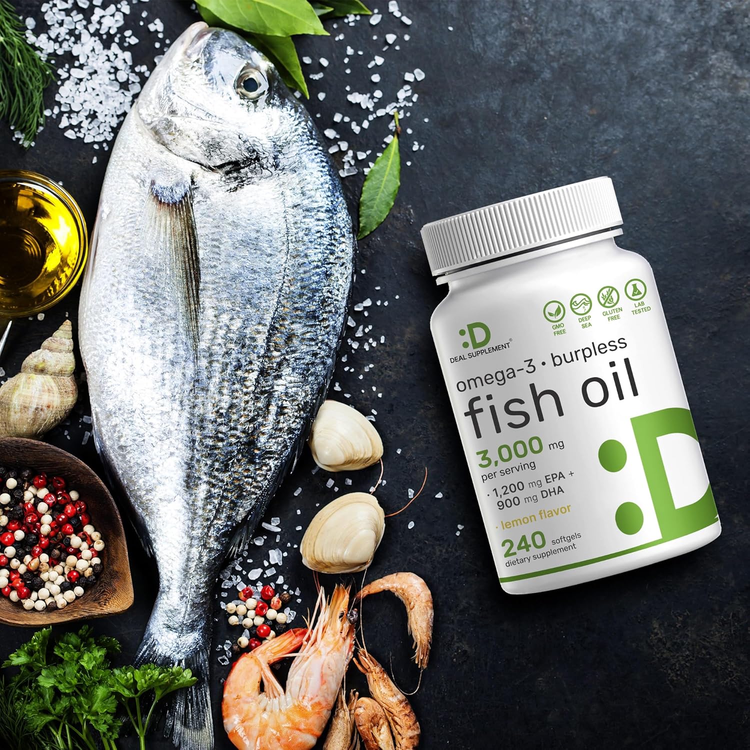 کپسول روغن ماهی امگا ۳، DEAL SUPPLEMENT، EPA 1200 میلی‌گرم و DHA 900 میلی‌گرم، 240 سافت‌ژل، طعم لیمو