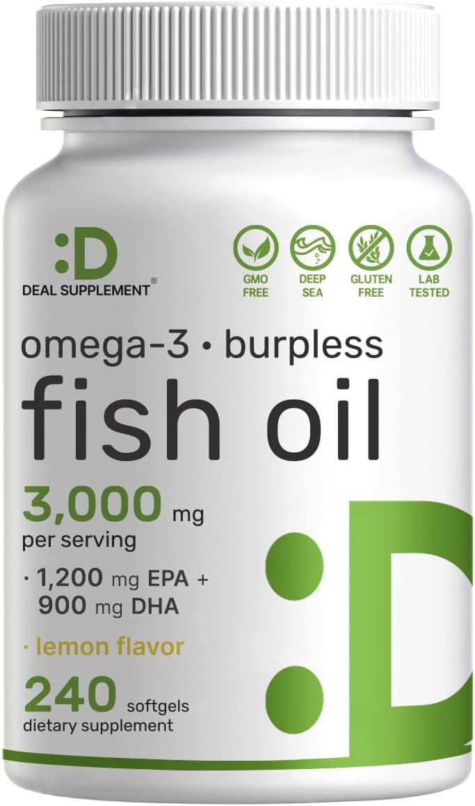 کپسول روغن ماهی امگا ۳، DEAL SUPPLEMENT، EPA 1200 میلی‌گرم و DHA 900 میلی‌گرم، 240 سافت‌ژل، طعم لیمو