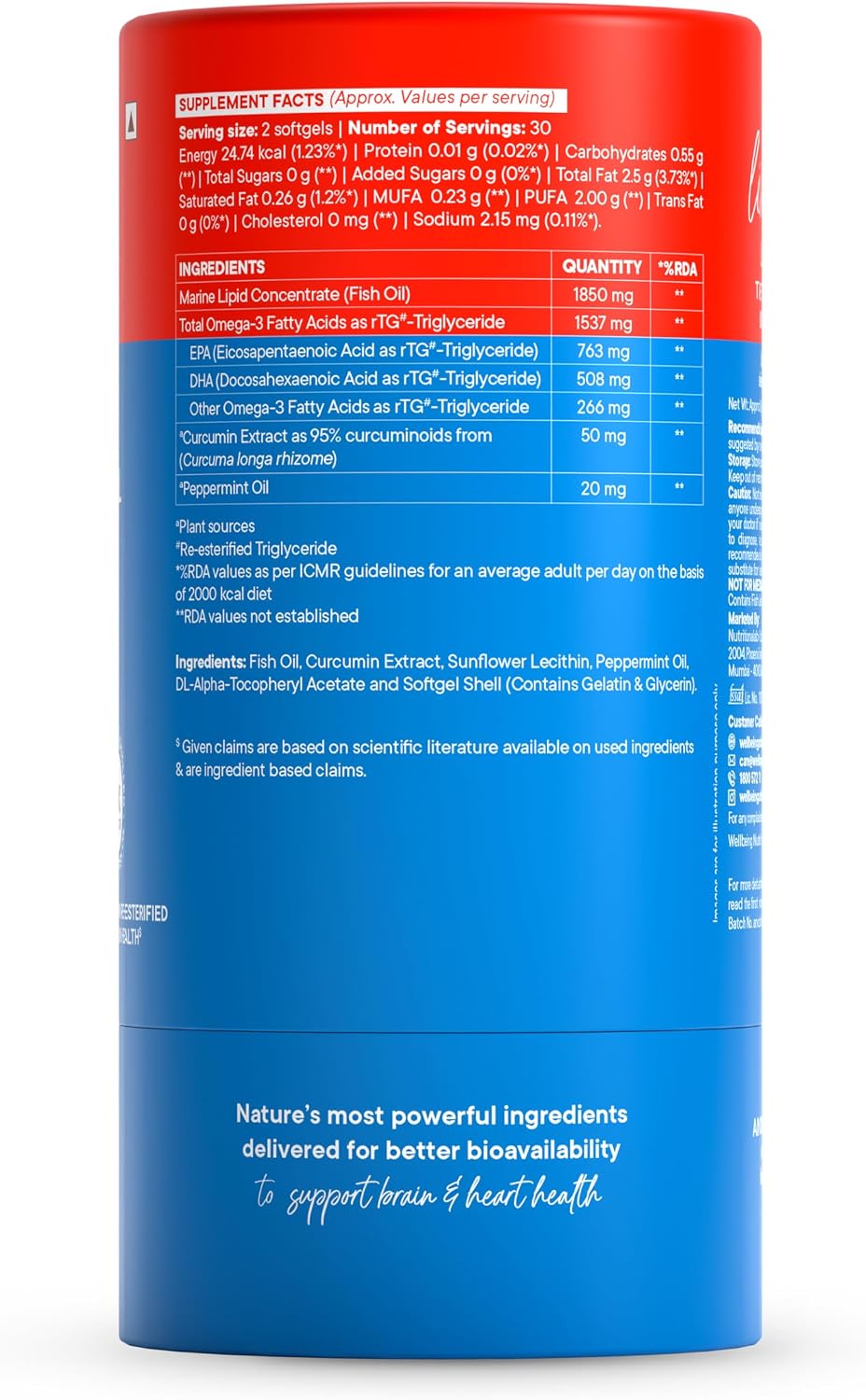 کپسول روغن ماهی امگا ۳، Wellbeing Nutrition، EPA 720 میلی‌گرم و DHA 500 میلی‌گرم، 60 کپسول