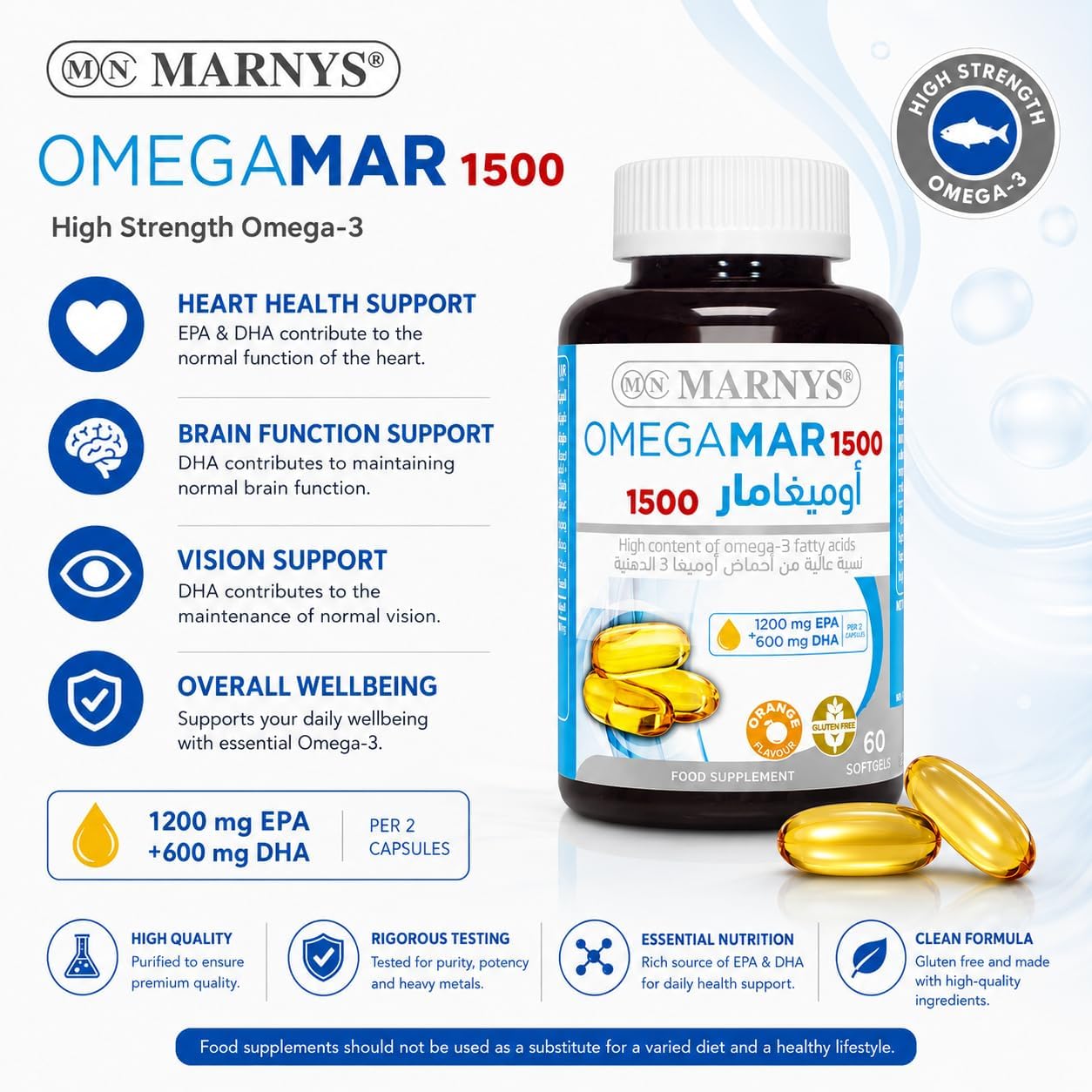 کپسول روغن ماهی امگا ۳، Marnys، EPA 1200 میلی‌گرم و DHA 600 میلی‌گرم، 60 سافت‌ژل