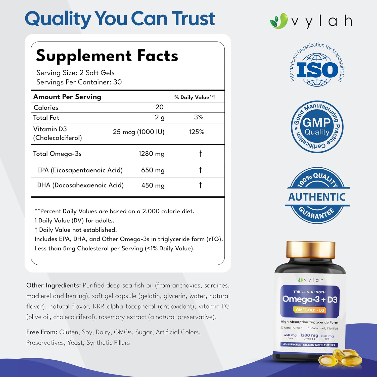 کپسول روغن ماهی امگا ۳، Vylah، 1280 میلی‌گرم، EPA 650 میلی‌گرم و DHA 450 میلی‌گرم، 60 سافت‌ژل
