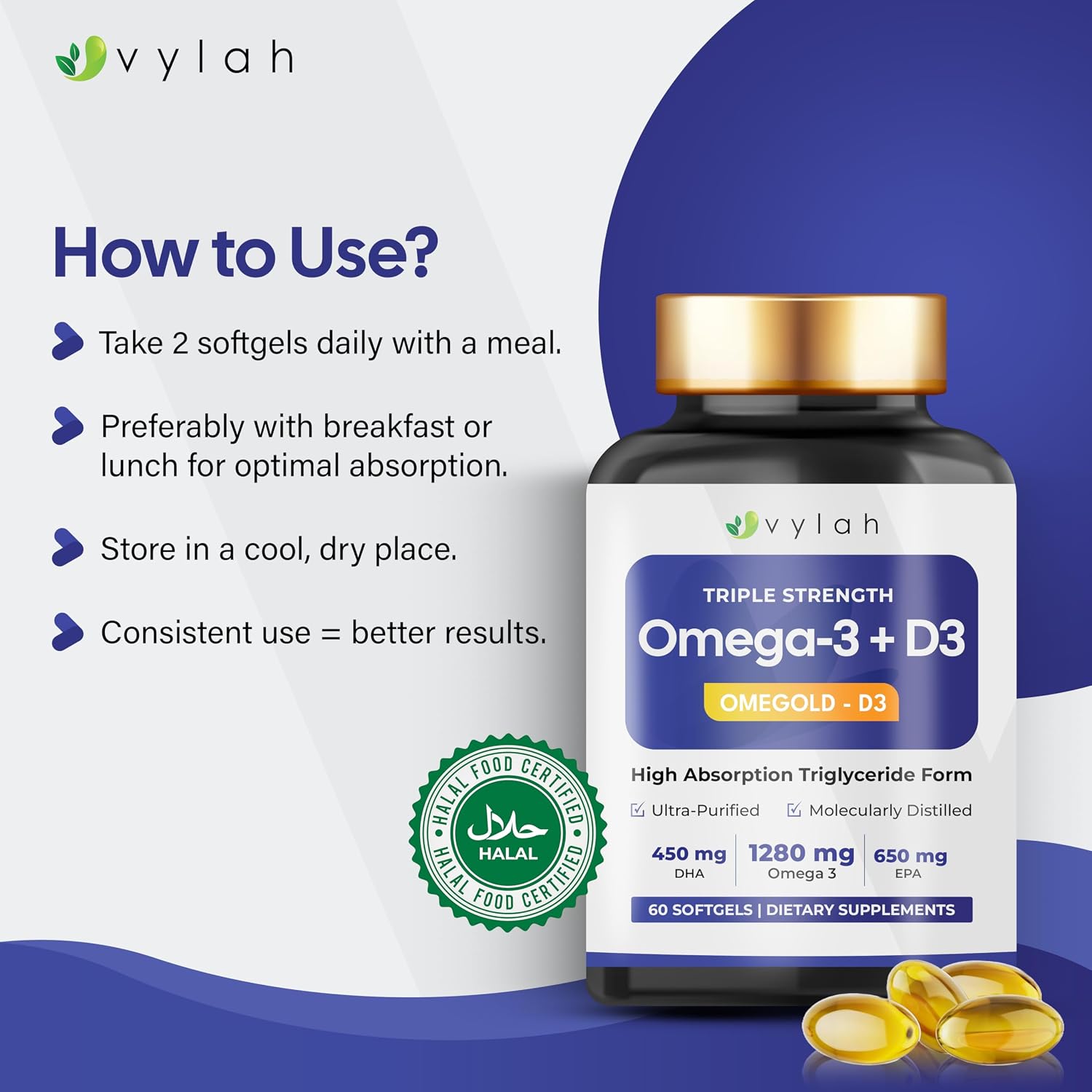 کپسول روغن ماهی امگا ۳، Vylah، 1280 میلی‌گرم، EPA 650 میلی‌گرم و DHA 450 میلی‌گرم، 60 سافت‌ژل