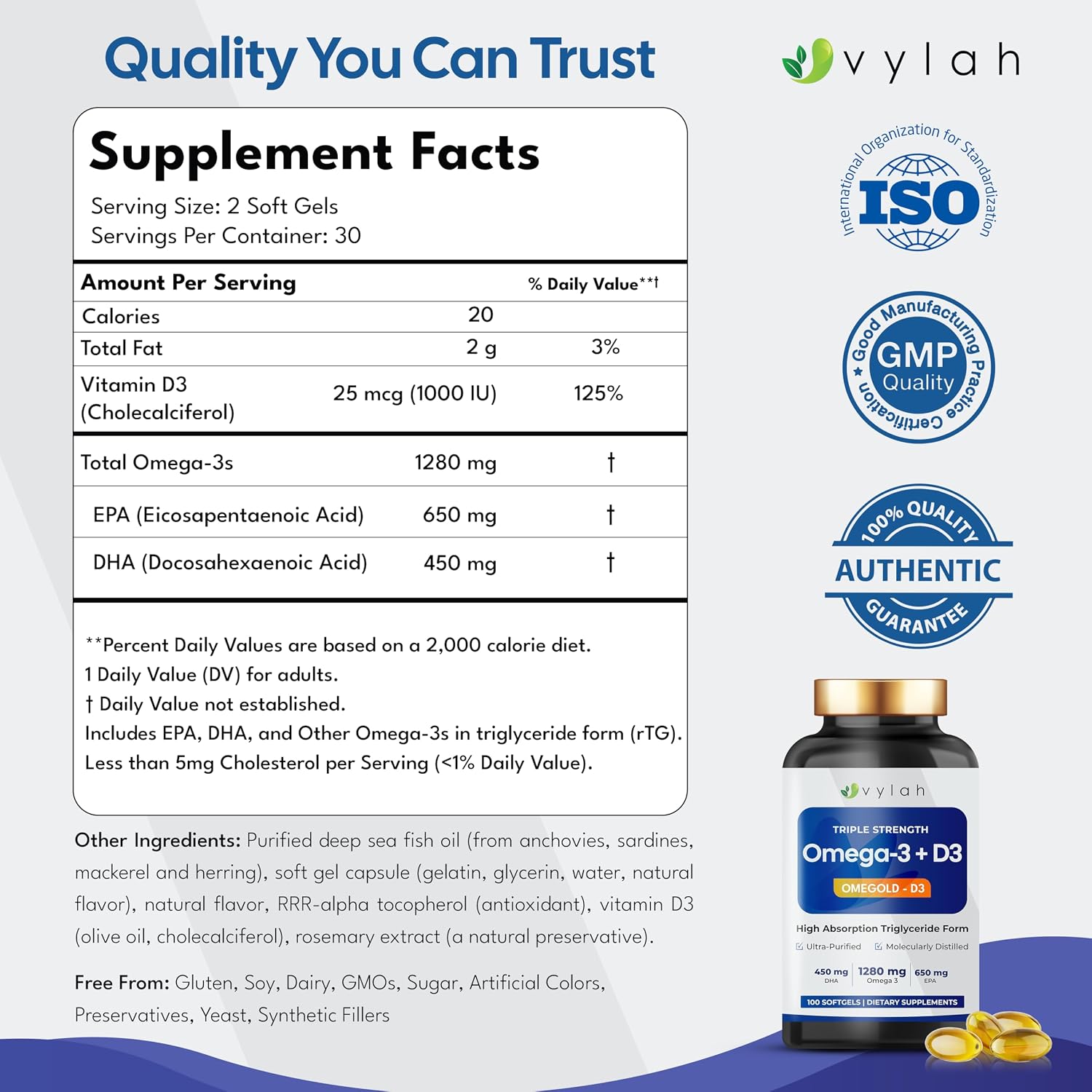 کپسول روغن ماهی امگا ۳، Vylah، 1280 میلی‌گرم، EPA 650 میلی‌گرم و DHA 450 میلی‌گرم، 100 سافت‌ژل