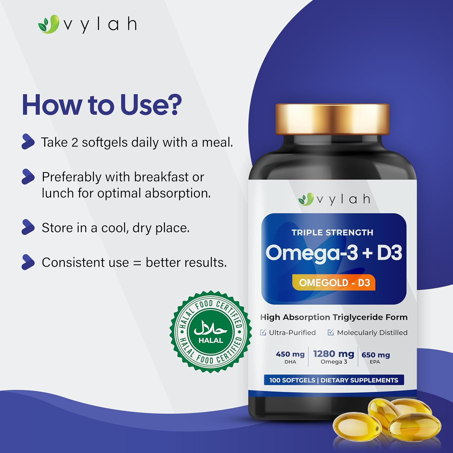 کپسول روغن ماهی امگا ۳، Vylah، 1280 میلی‌گرم، EPA 650 میلی‌گرم و DHA 450 میلی‌گرم، 100 سافت‌ژل