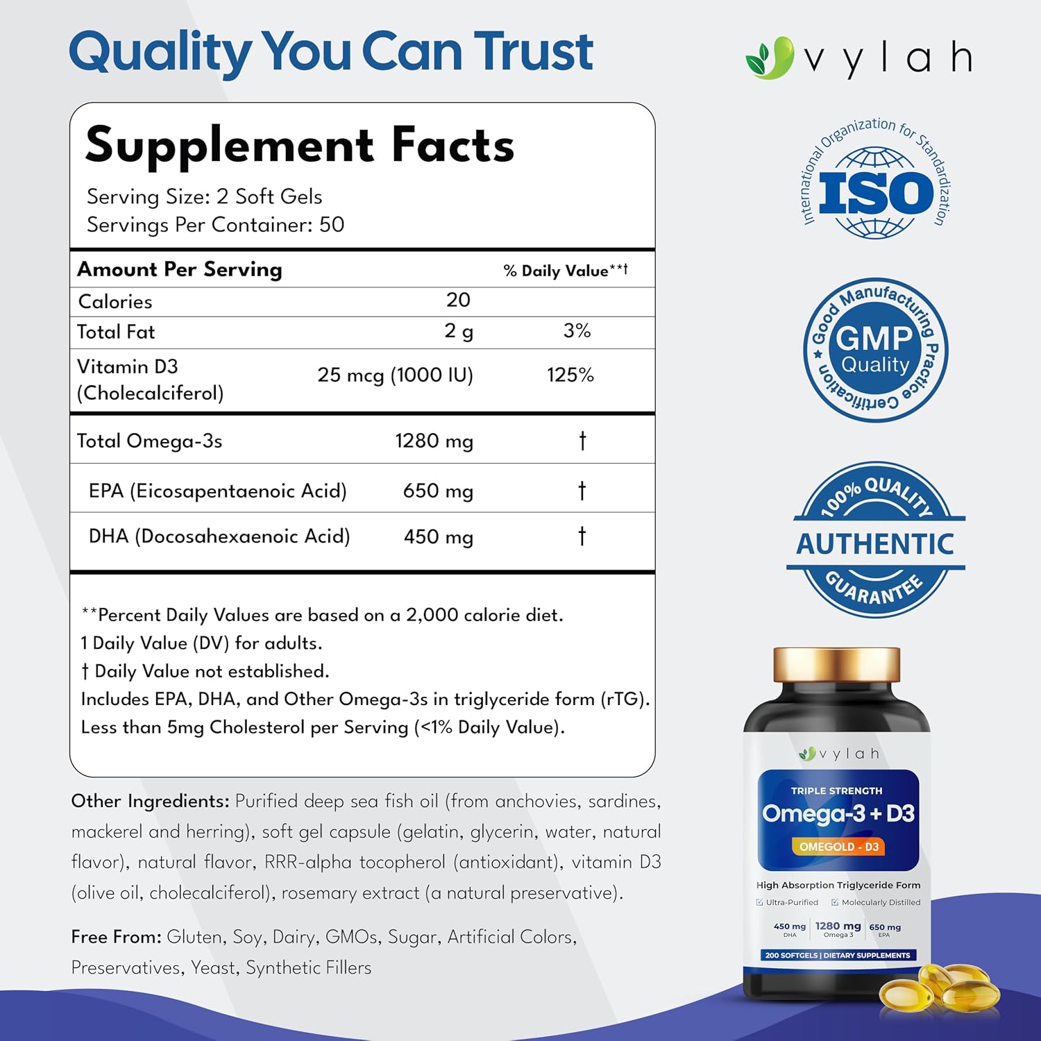 کپسول روغن ماهی امگا ۳، Vylah، 1280 میلی‌گرم، EPA 650 میلی‌گرم و DHA 450 میلی‌گرم، 200 سافت‌ژل