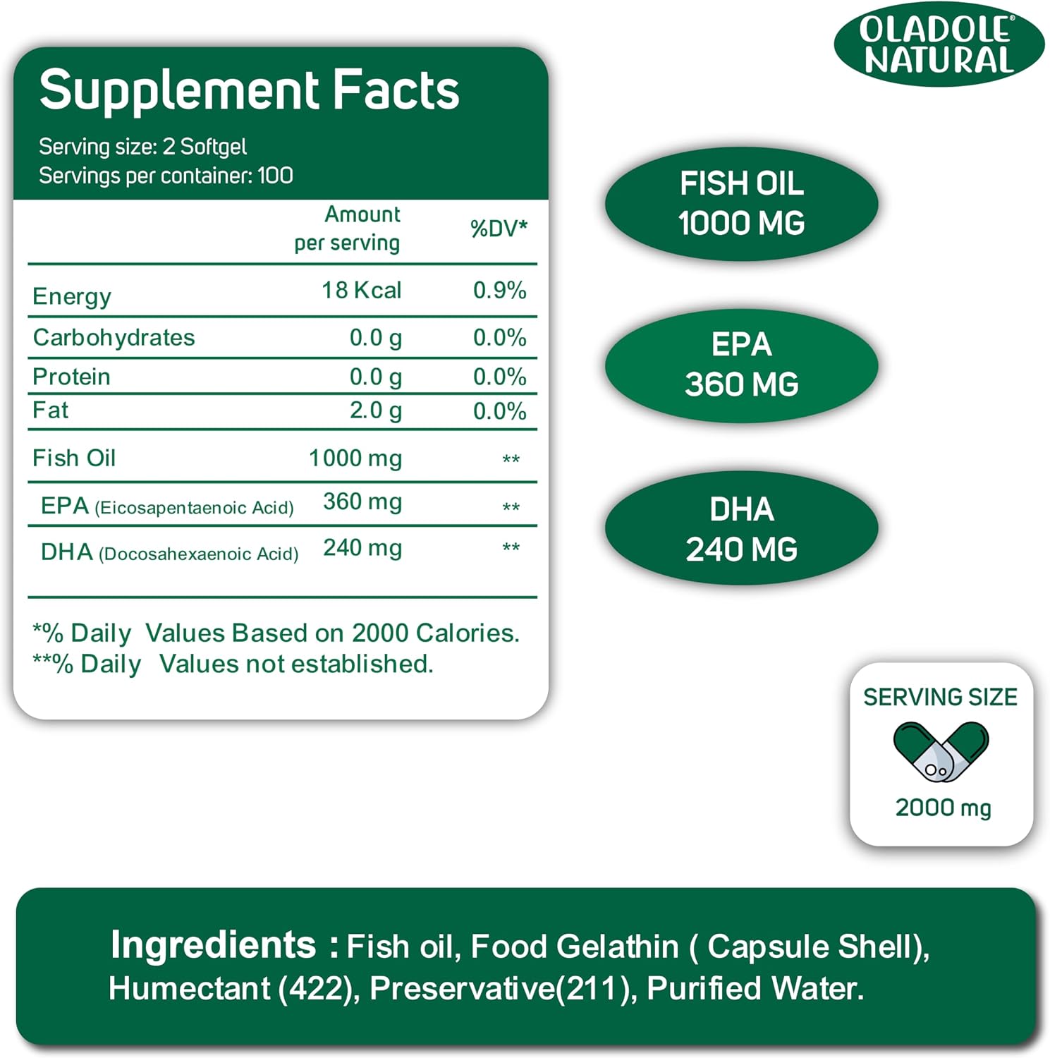 کپسول روغن ماهی امگا ۳، Oladole Natural، 2000 میلی‌گرم، EPA 360 میلی‌گرم و DHA 240 میلی‌گرم، 200 سافت‌ژل