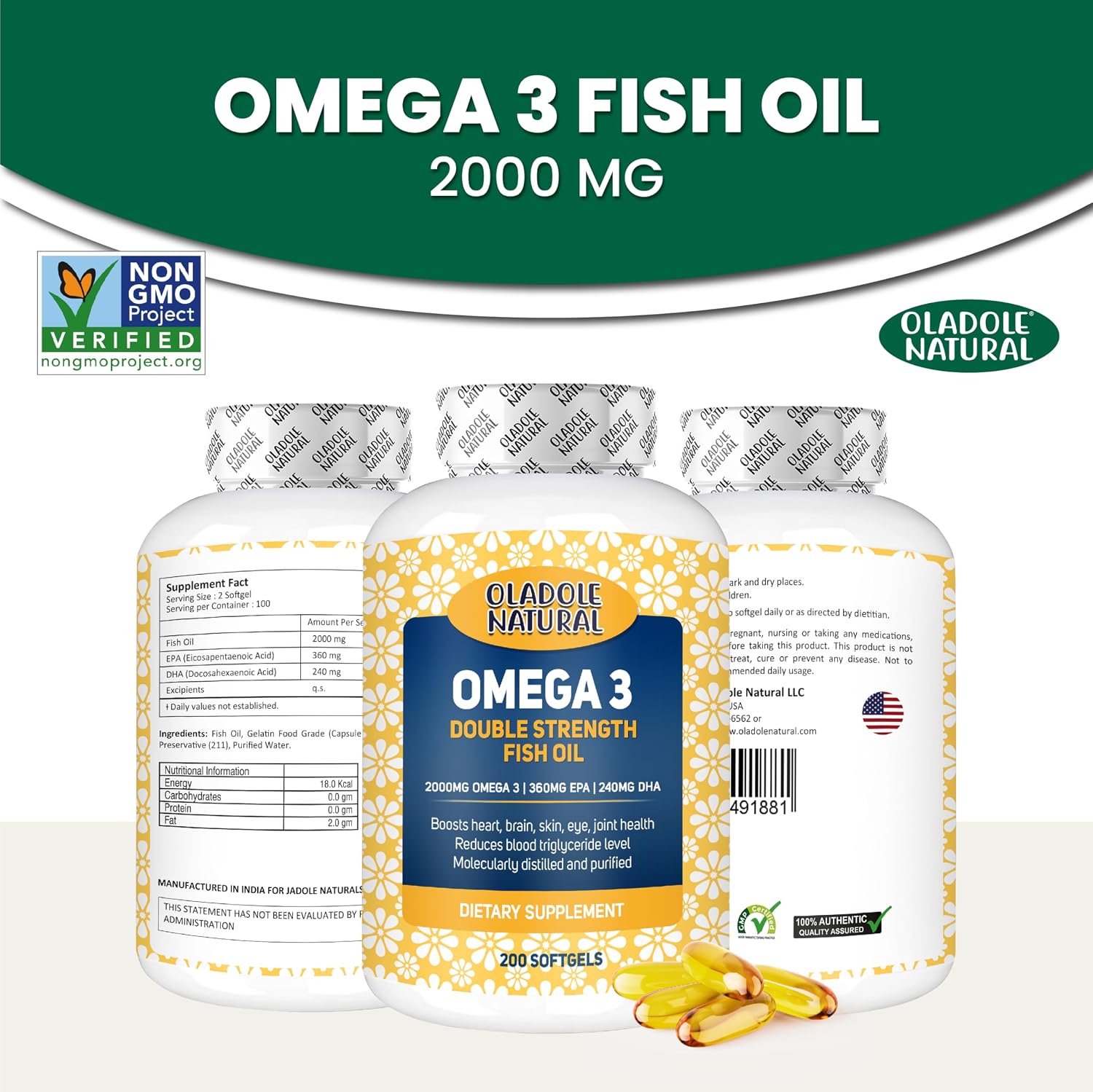 کپسول روغن ماهی امگا ۳، Oladole Natural، 2000 میلی‌گرم، EPA 360 میلی‌گرم و DHA 240 میلی‌گرم، 200 سافت‌ژل