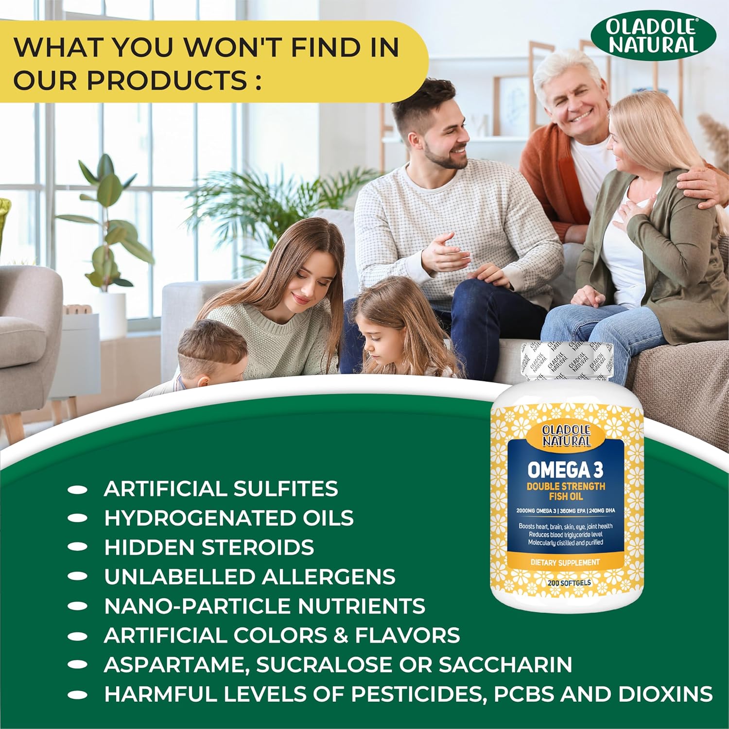 کپسول روغن ماهی امگا ۳، Oladole Natural، 2000 میلی‌گرم، EPA 360 میلی‌گرم و DHA 240 میلی‌گرم، 200 سافت‌ژل