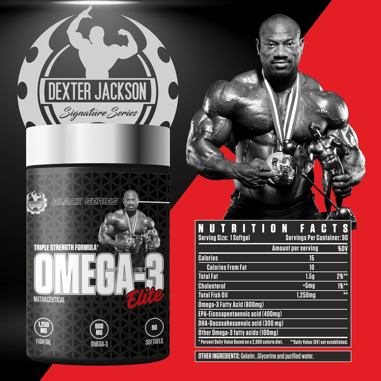 کپسول روغن ماهی امگا ۳، DEXTER JACKSON، مدل Black Signature Series Omega-3 Elite، 90 سافت‌ژل