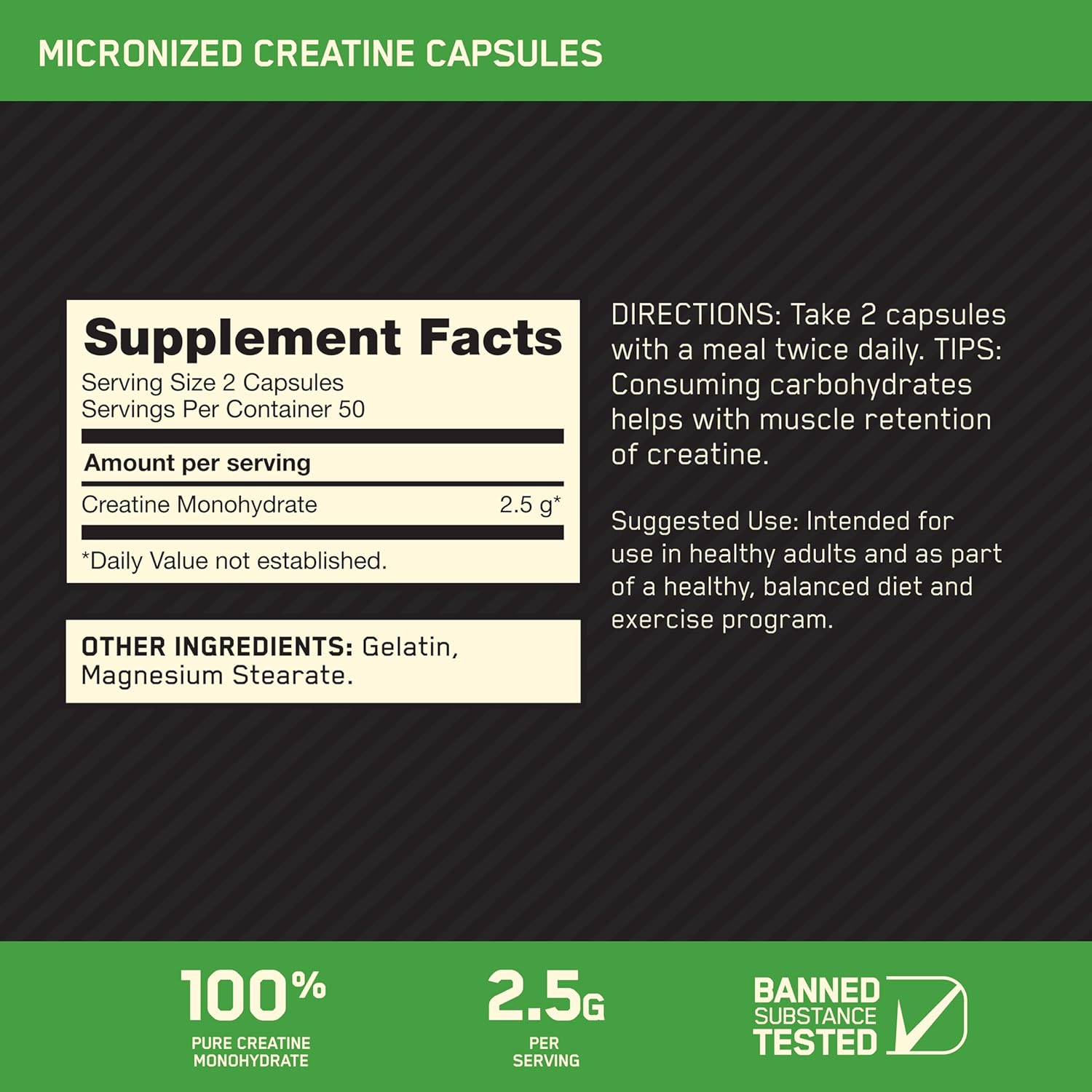 پودر کراتین اپتیموم نوتریشن Micronized Creatine Monohydrate Capsules، 180 گرم