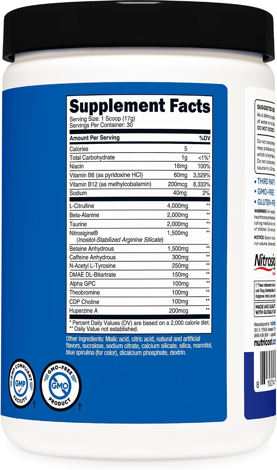 پودر مکمل قبل از تمرین نوتریکاست Pre – Workout کمپلکس Blue Raspberry (30، طعم تمشک آبی، 453.59 گرم