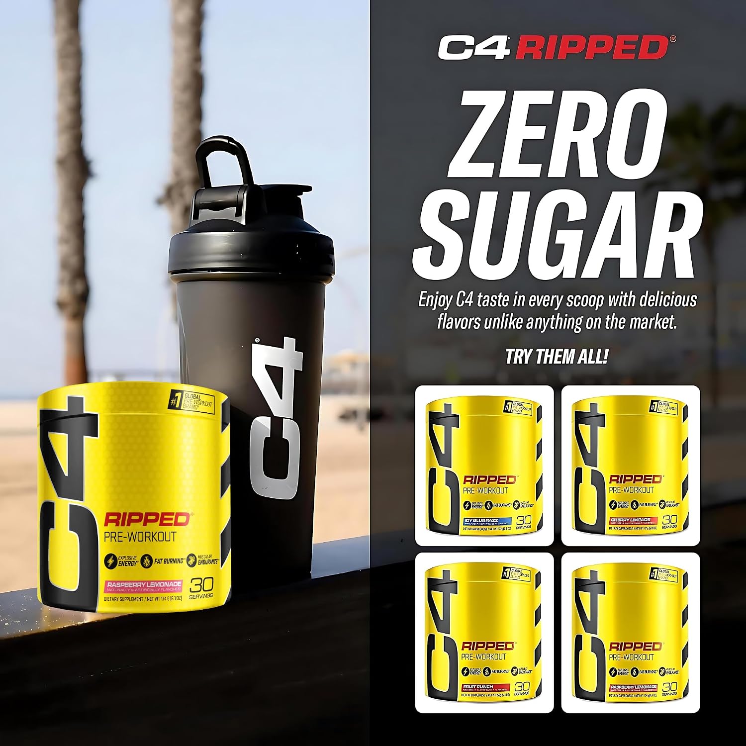 پودر مکمل قبل از تمرین سلکور C4 Ripped، طعم لیموناد تمشک، 30 وعده