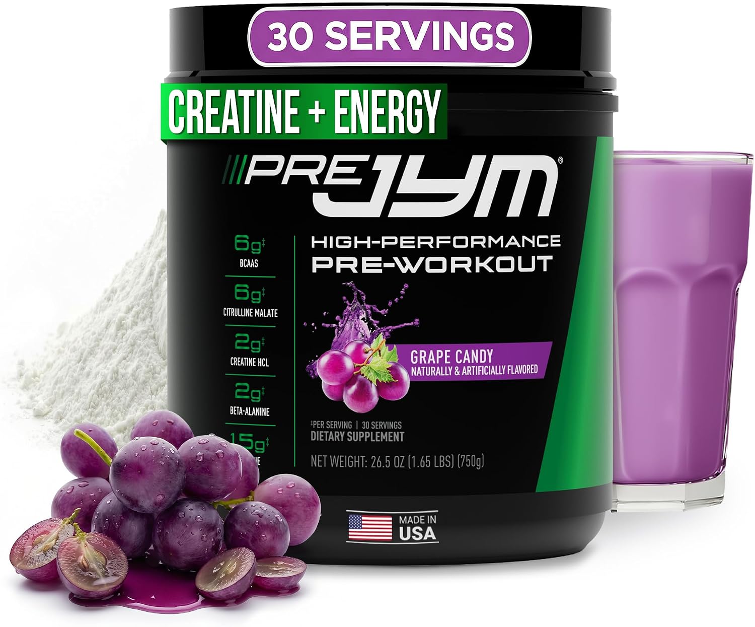 پودر مکمل قبل از تمرین جیم ساپلمنت ساینس Pre JYM Grape Candy، طعم انگور، 30 وعده
