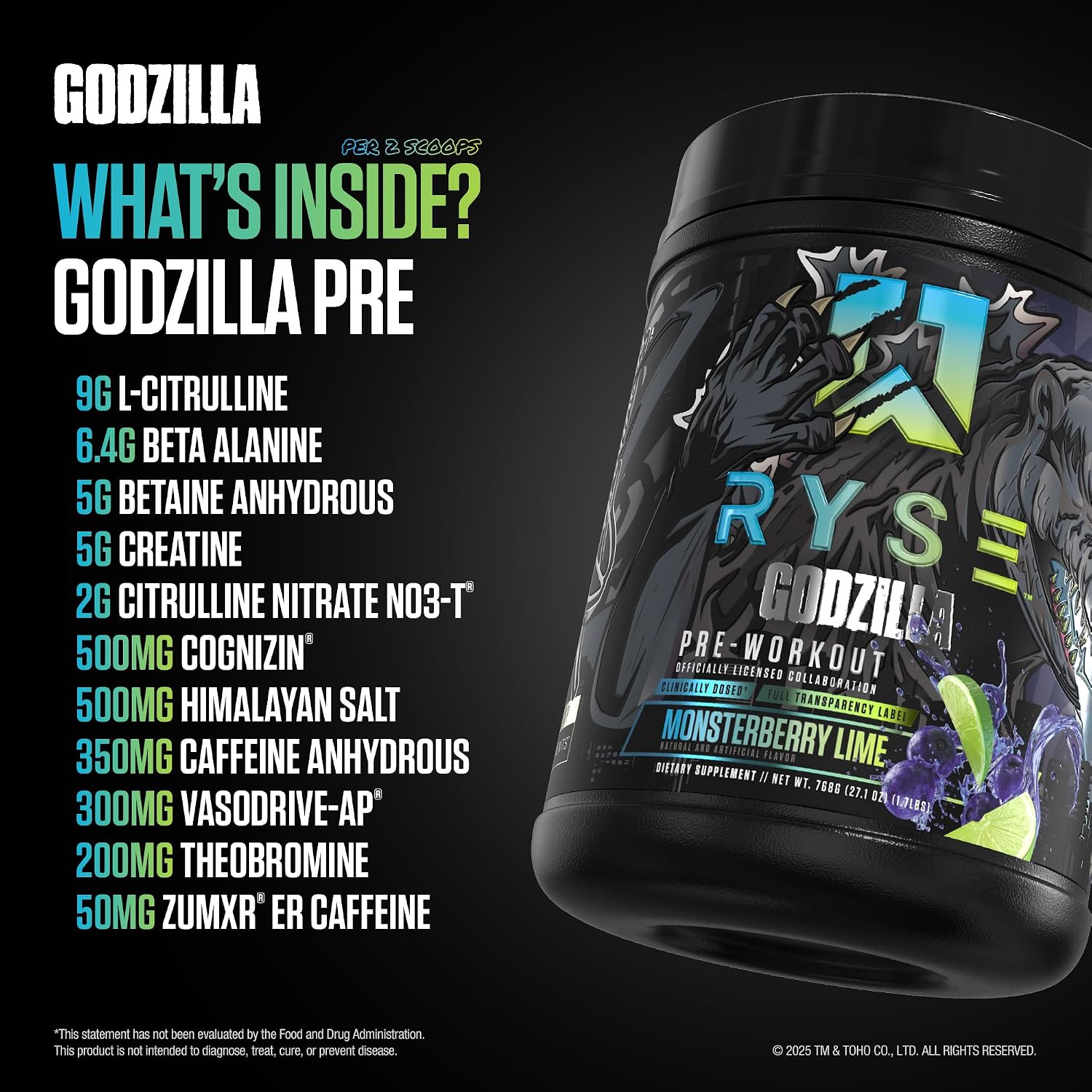پودر مکمل قبل از تمرین رایز آپ ساپلمنتس Ryse Godzilla، طعم بری، 40 وعده